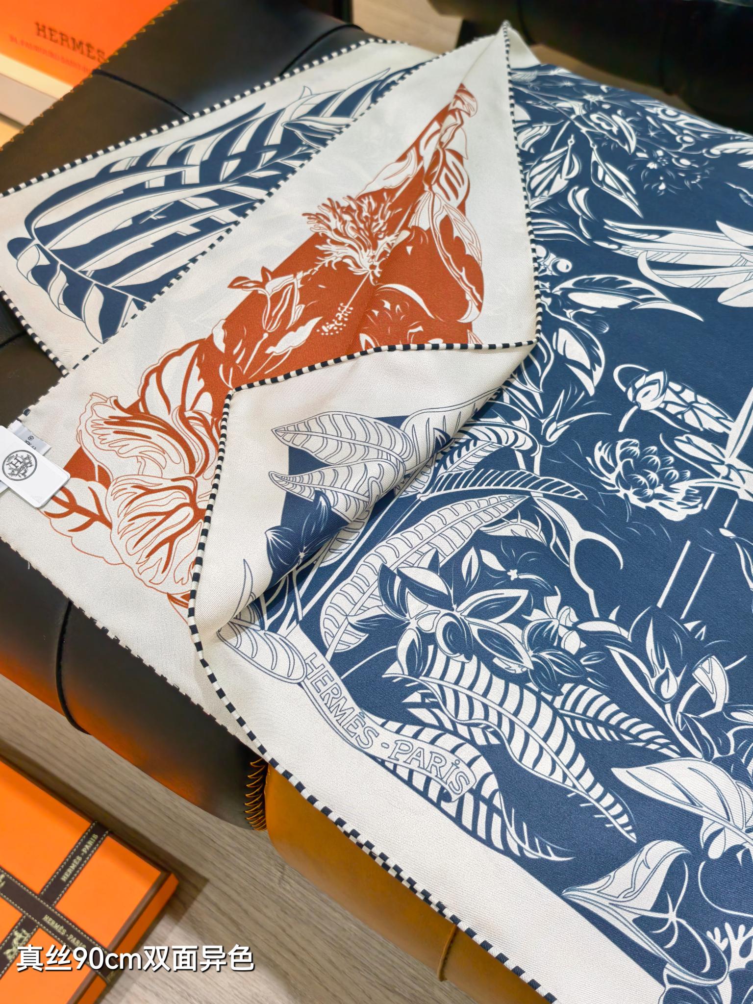 🌼SHMS259718姆米双面异色 90x90cm斜纹真丝爱马仕《红鹤派对图腾版》