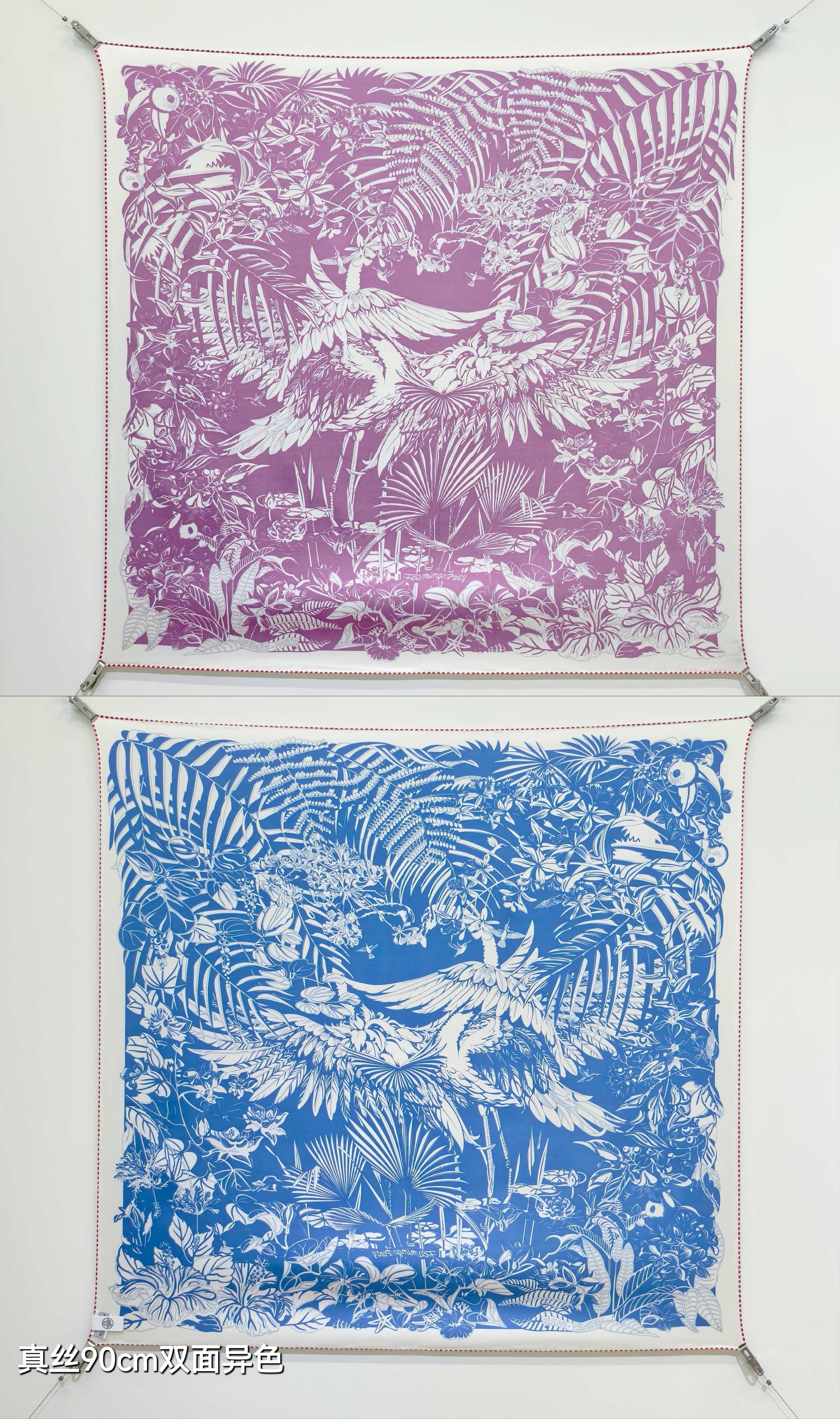 🌼SHMS259718姆米双面异色 90x90cm斜纹真丝爱马仕《红鹤派对图腾版》