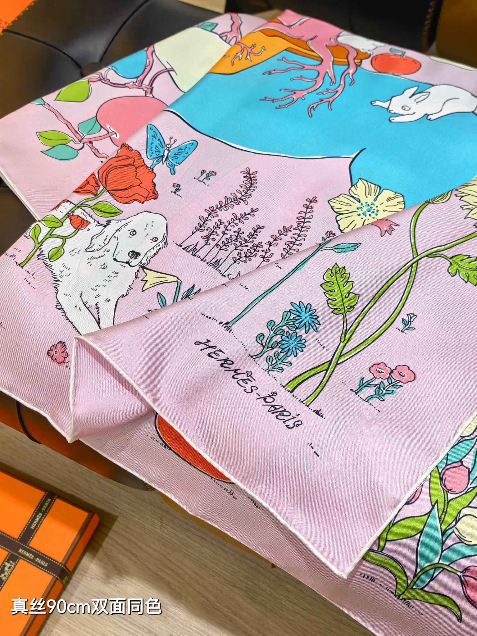 🌼SHMS260618姆米双面  90x90cm斜纹真丝爱马仕《马鞍上的苹果树》