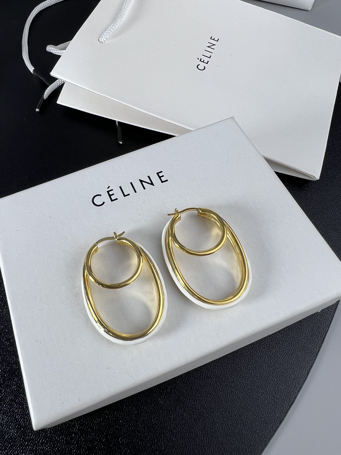 Celine Double Oval Hoop earrings gold-tone metal with white enamel trim 4 5cm drop length
