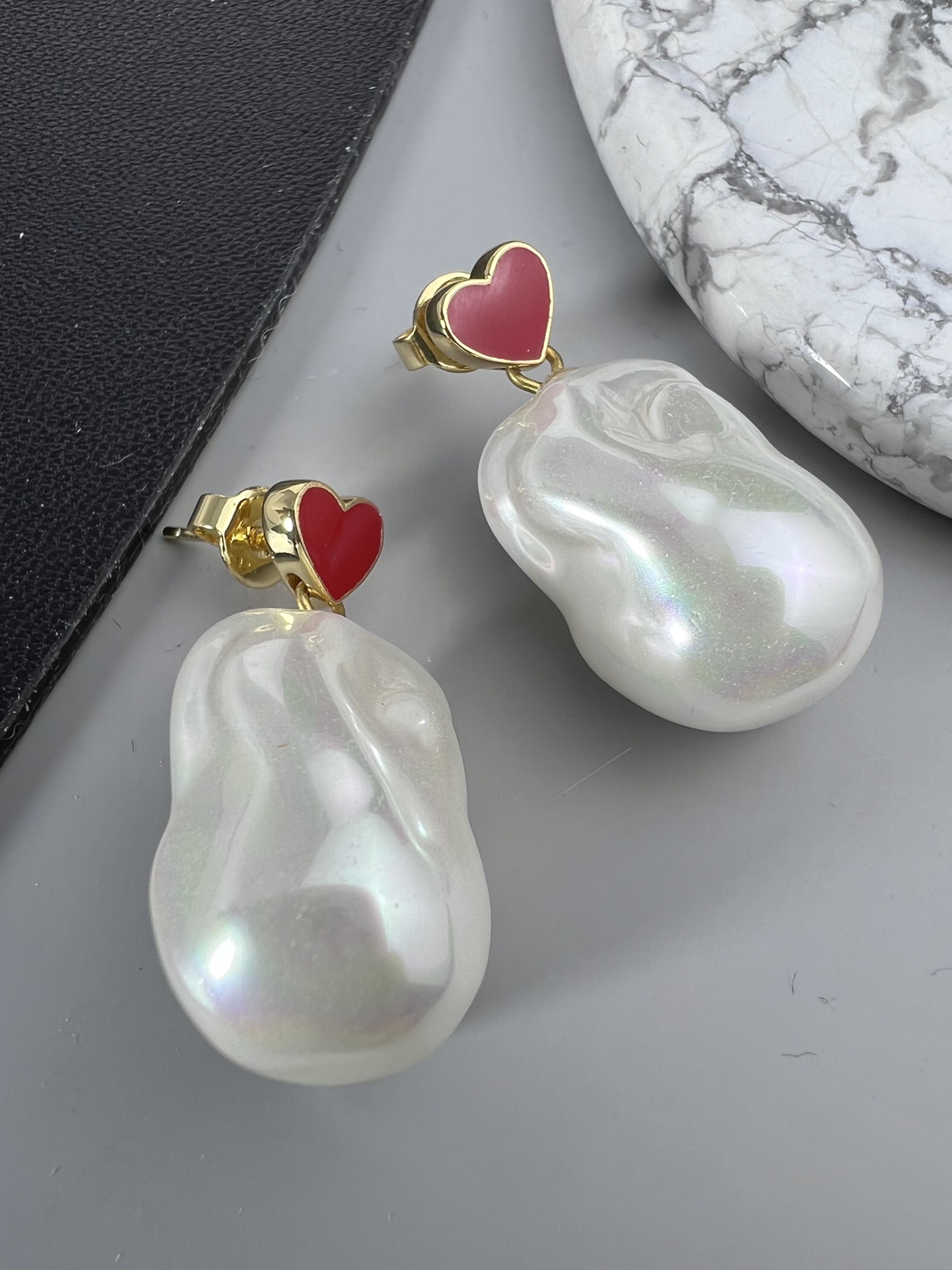 Celine YHED045 Heart Baroque Pearl Drop Earrings earrings gold-tone metal red enamel heart iridescent white baroque pearl 3 2cm drop length