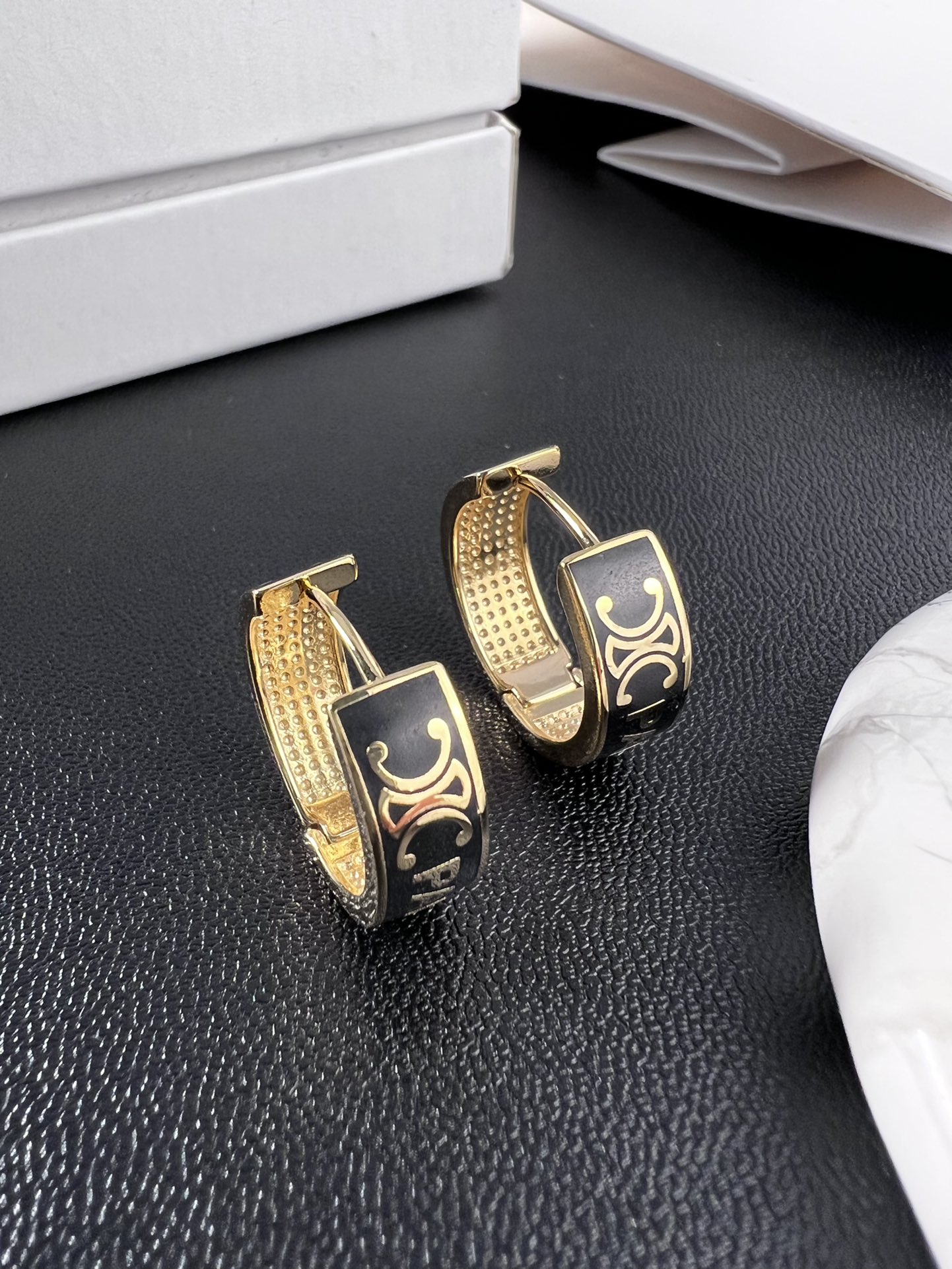 Celine Triomphe Paris Enamel Hoop earrings gold-tone metal with black enamel 20mm outer diameter