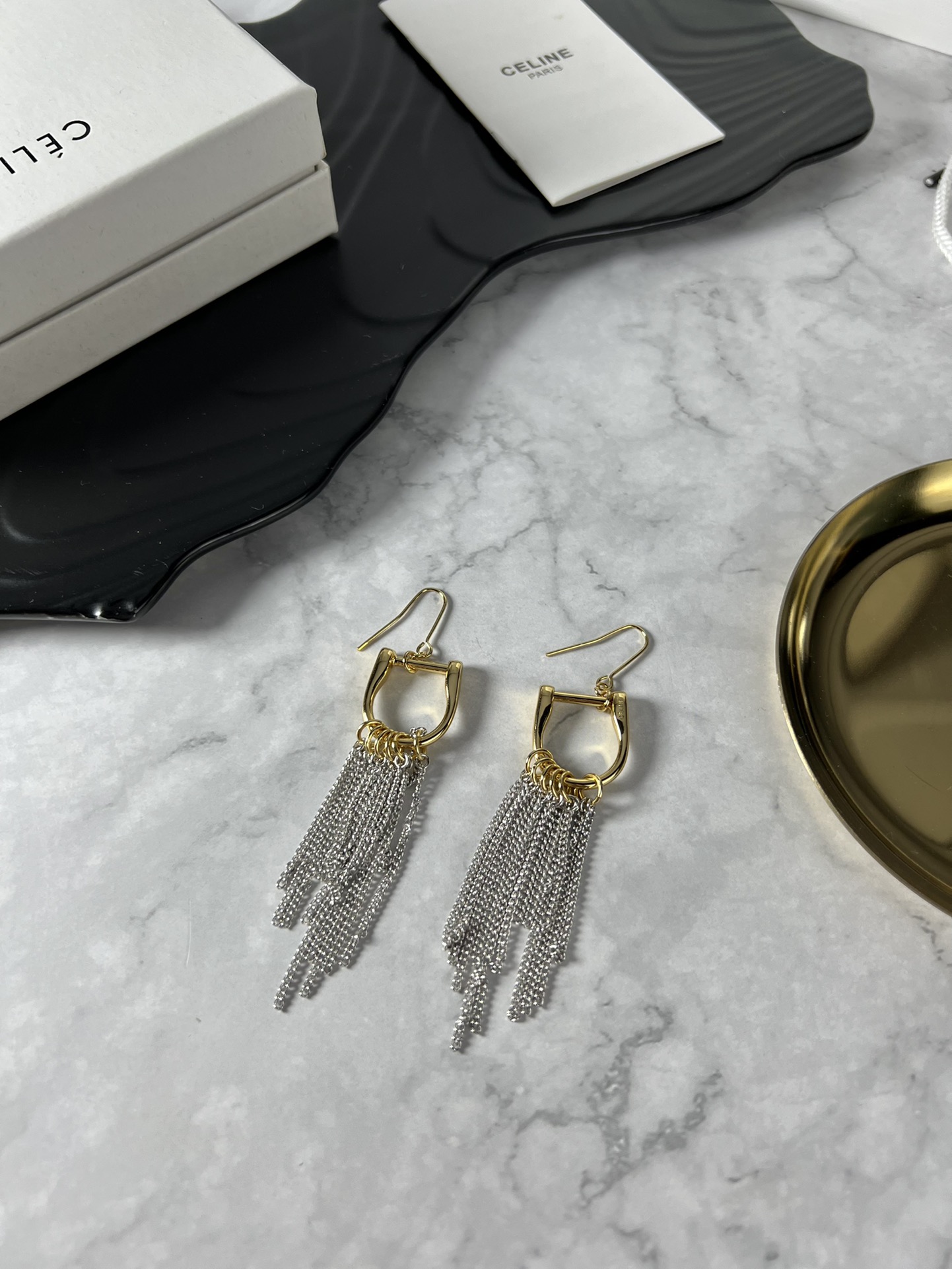 Celine Chain Fringe Hook Earrings earrings gold-tone metal with silver-tone chain fringe 6cm total drop length