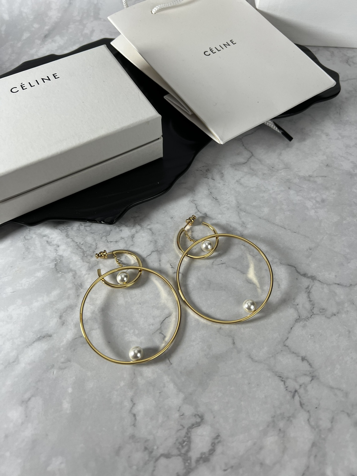 Celine YHED050 Double Hoop Pearl Earrings earrings gold-tone metal with white imitation pearl accents 60mm outer hoop diameter