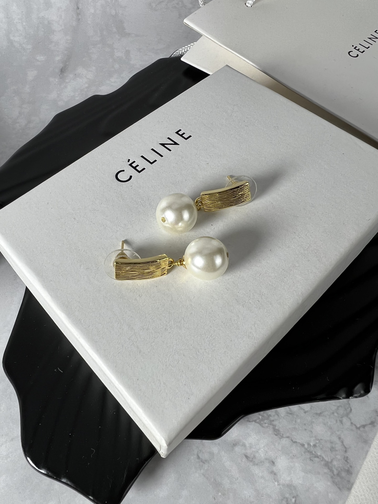 Celine Textured Bar Pearl Drop Earrings earrings Gold-tone metal with cream white faux pearl accents One Size post stud 1 5cm drop length