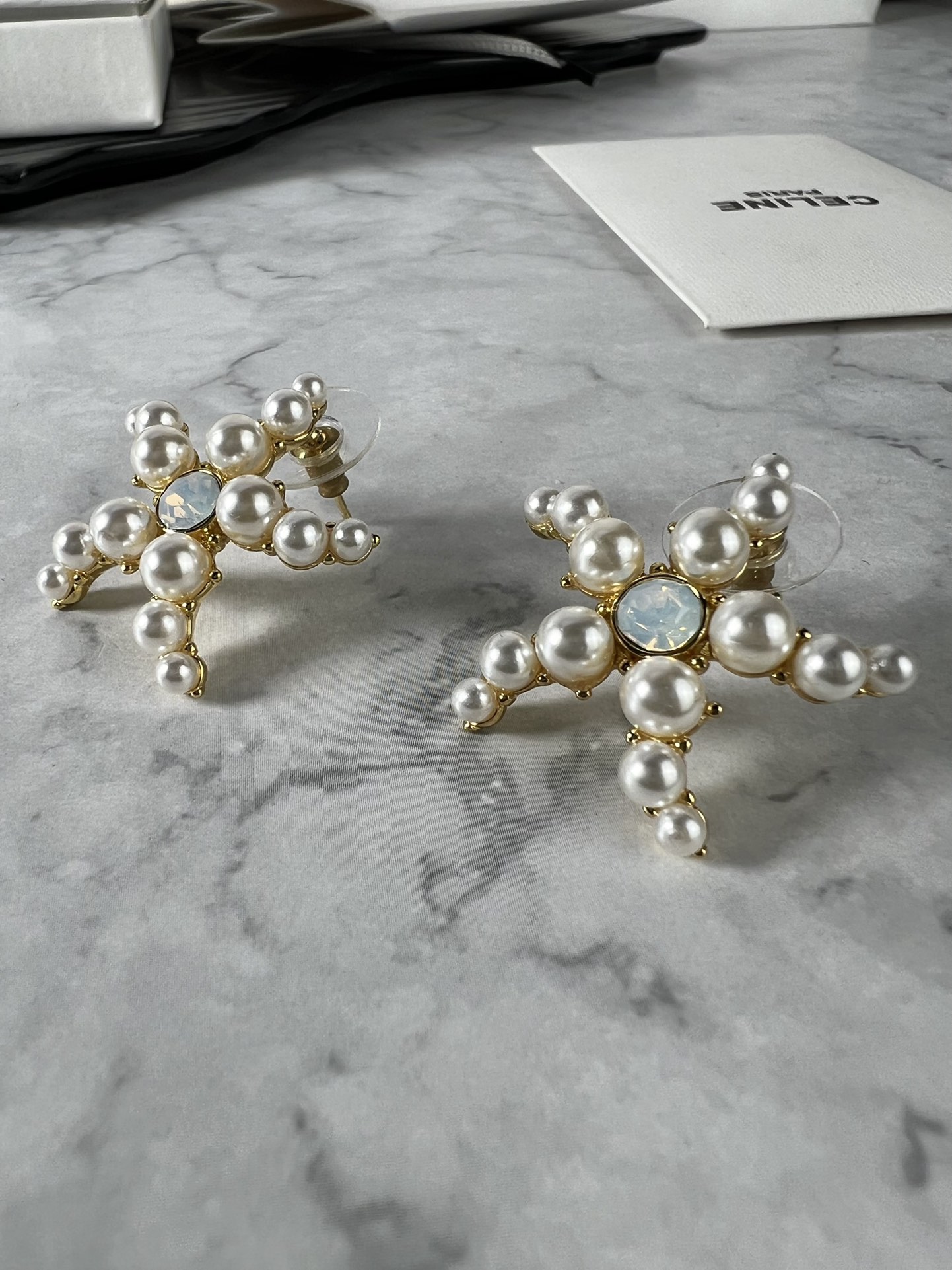 Celine Pearl Starfish Stud Earrings earrings Gold-tone metal white faux pearls pale blue opalescent center stone One Size 2 5cm diameter