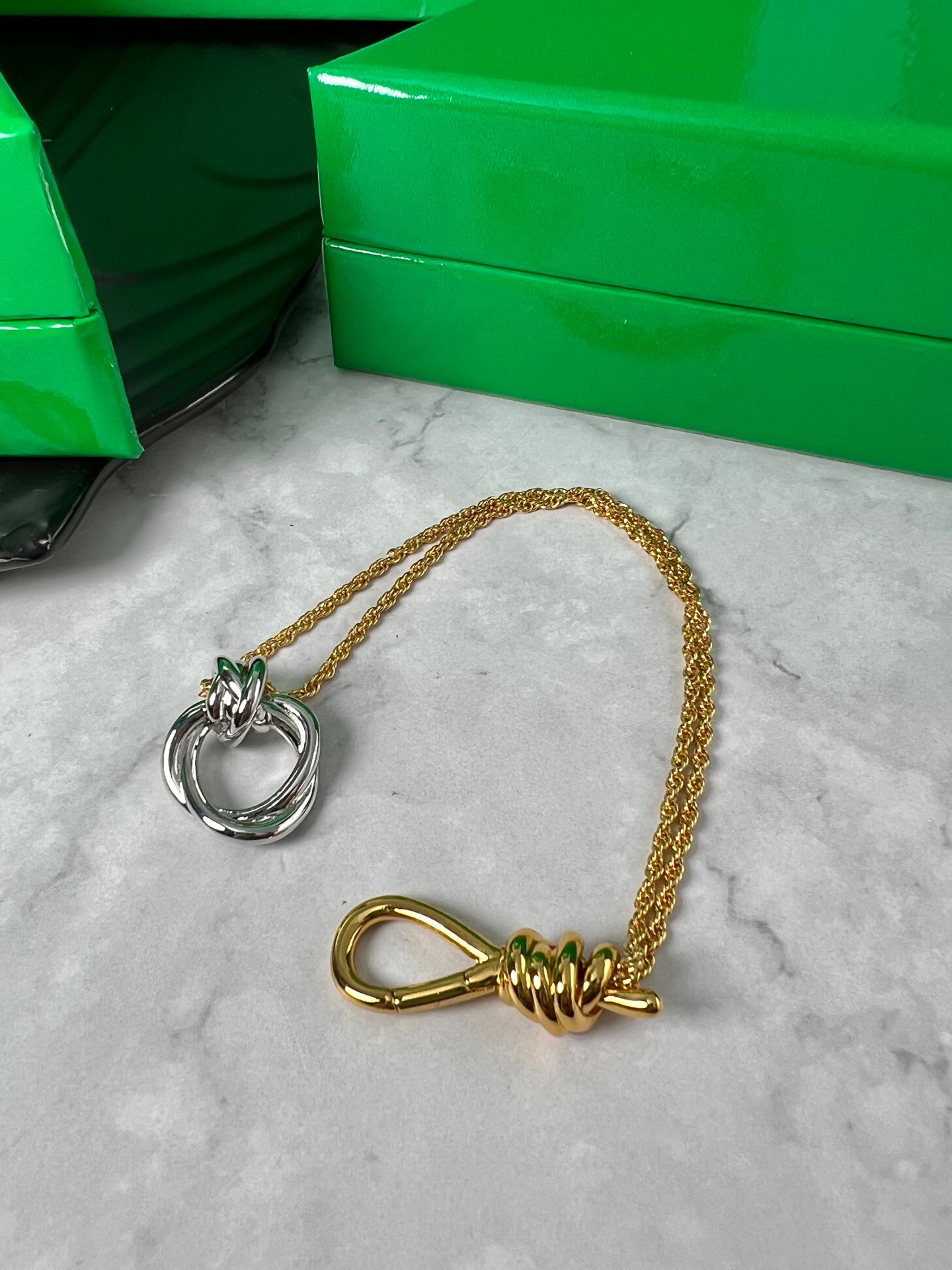 The necklace is 380, the bracelet is 360. Bottega Veneta tie necklace, bracelet