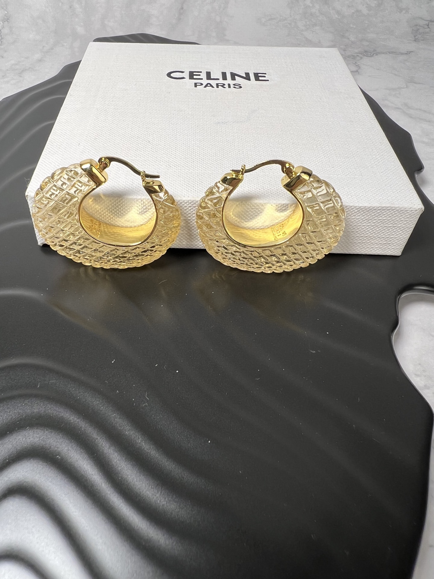 Celine Textured Resin Hoop earrings Gold-tone metal with champagne textured resin 4cm diameter