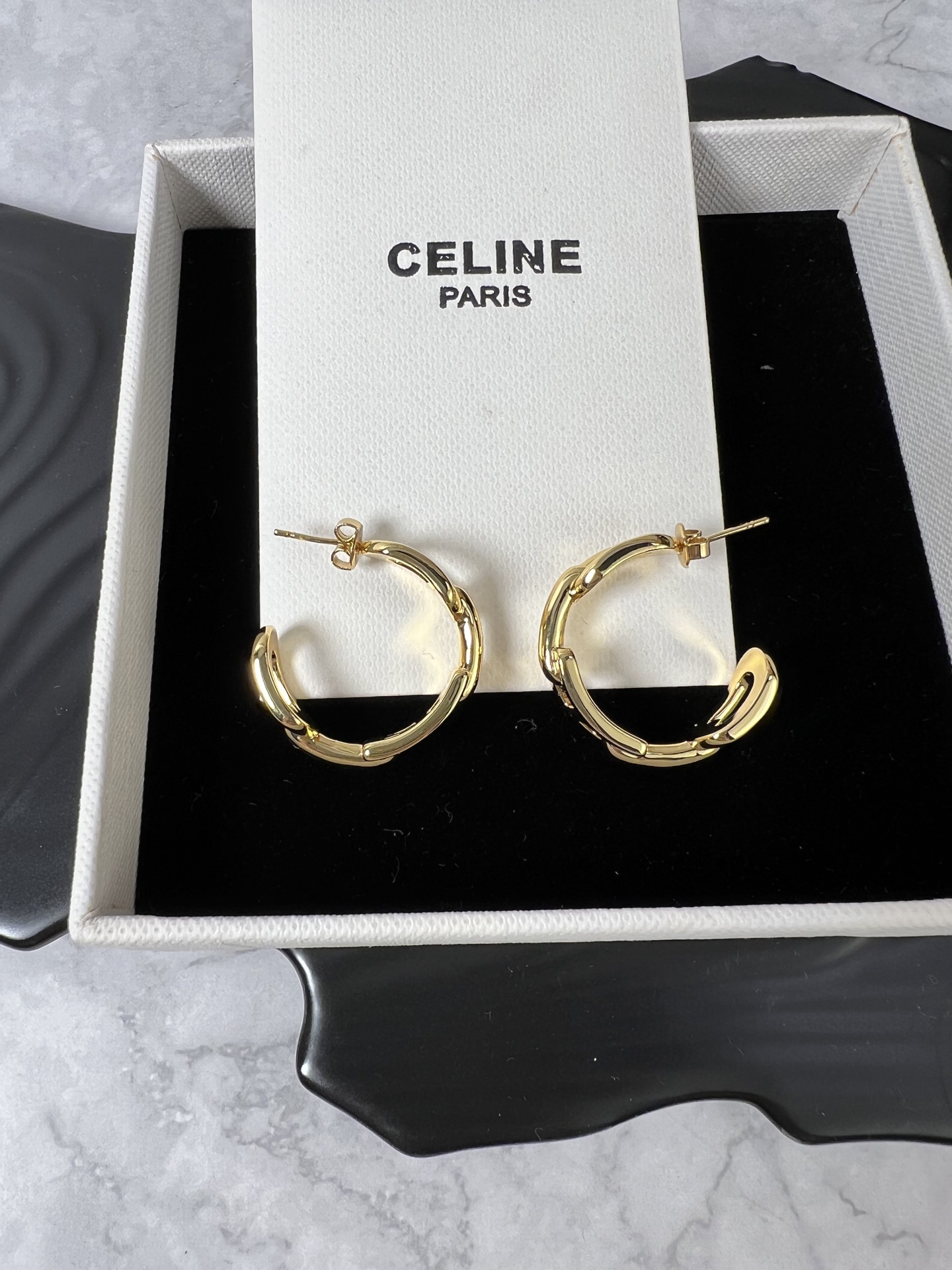 Celine Chain Link Hoop earrings gold tone metal no gemstones 2 5cm diameter