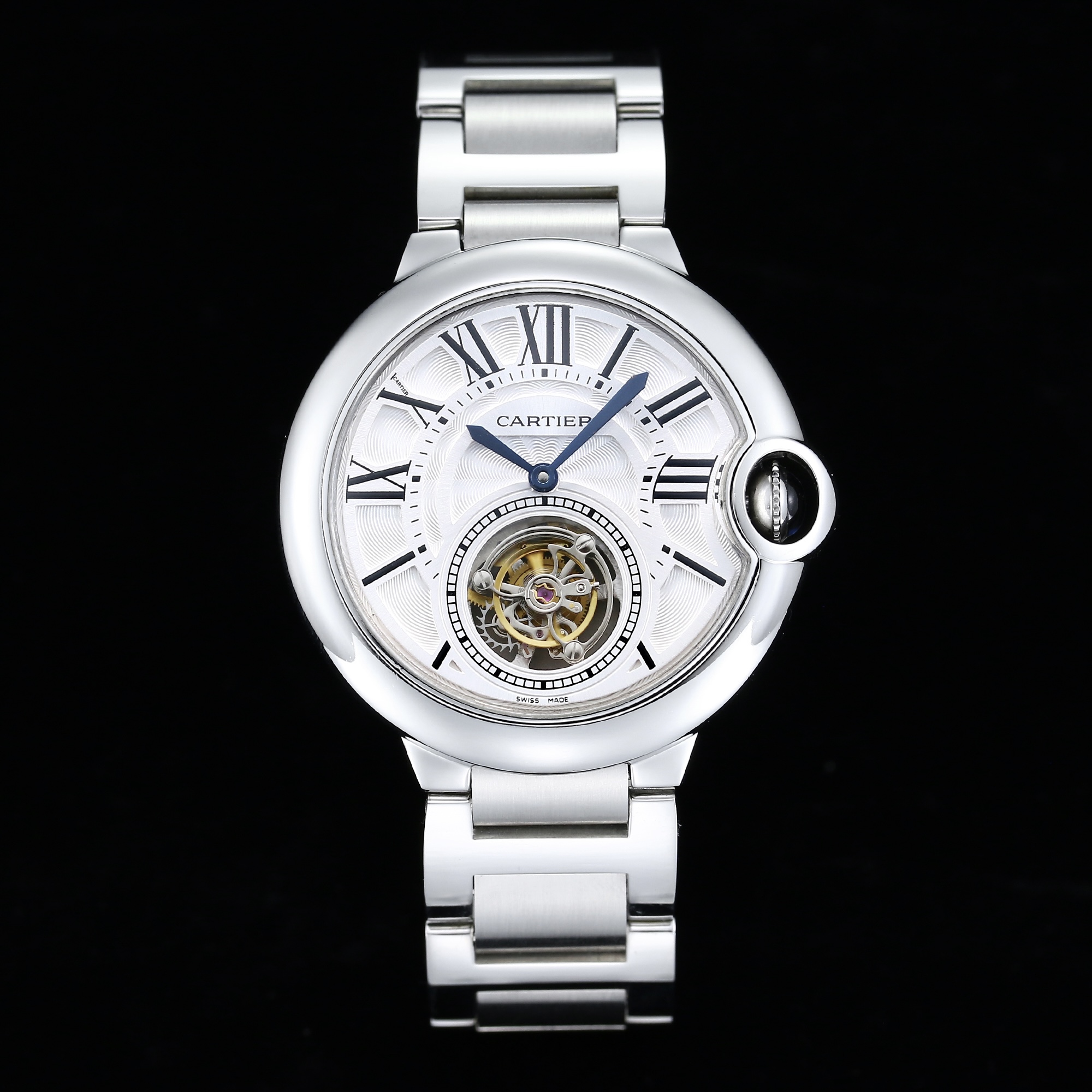 NO:394460,UF Cartier's latest version of 42 Tourbillon Blue Balloon Men's Watch!  There are white and gray surfaces!  The overall look is more refined!  The Roman scale black mimeograph is more three-dimensional and plump, and all the English fonts of Maitou are corrected in the new version, which is clearer and three-dimensional, while the chrysanthemum pattern in the middle is clearly radiating, giving a more three-dimensional visual enjoyment!  The new steel belt buckle has been modified, making it thinner and smaller and more refined!  The overall steel strip is also very thin and different from the previous version!  1. Swiss grade precision polishing in shell covers!  Original blue spinel crown!  The case shape curve, the crescent-shaped texture is invincible!  Perfect sapphire fish eye soaked crystal mirror with crescent opening!  Multiple sets of combined shell covers are rigorous, exquisite and detailed!  3 degrees strong waterproof!  The exquisite watch strap is polished and yarn-pulled!  The case back cover logo is renovated with German CNC engraving and 8 genuine screws!  2. The authentic OEM level literal inside the dial!  The most difficult replica!  Top pure steel blue pointer!  Snap all versions of the market in seconds!  3. The movement uses high-precision tourbillon machinery. After the watch master’s super fine assembly, the movement is very stable and accurate when moving. 4. Super precision 316L steel belt and Italian quick disassembly belt are available. Excellent value for money!  Buy it is profitable, cartier19860909UF 年卡地亚最新版本42陀飞轮蓝汽球男表！有白面和灰面！ 整体更加精致正装！罗马刻度黑色油印更立体丰满,麦头所有英文字体改正新版,更清晰立体,而中间菊花纹路放射清晰,更加呈现立体视觉享受！钢带款新表扣己改款,变薄变小更精致！表带钢粒整体也微薄区别于之前版本！ 1.壳套方面瑞士品级精工打磨！原装蓝色尖晶石表冠！表壳型状弧度,月牙位型态质感无敌！ 完美蓝宝石鱼眼水泡水晶镜面加月牙开口！多套组合壳套严谨精致细密！3度强势防水！精品表带打磨拉纱手感爆棚！表壳后盖logo,采用德国CNC雕刻复原,8颗正品级螺丝！ 2.表盘内部正品代工厂级别的字面！超难的最强复刻！顶尖纯正烧钢蓝指针！秒杀市场所有版本！ 3.机芯方面采用高精准级陀飞轮机械,装表师父的超精细装配后,机芯很稳定,走时精准. 4.超精316L钢带和意大利快拆皮带可选 物超所值！买到就是赚到,,cartier,Watch