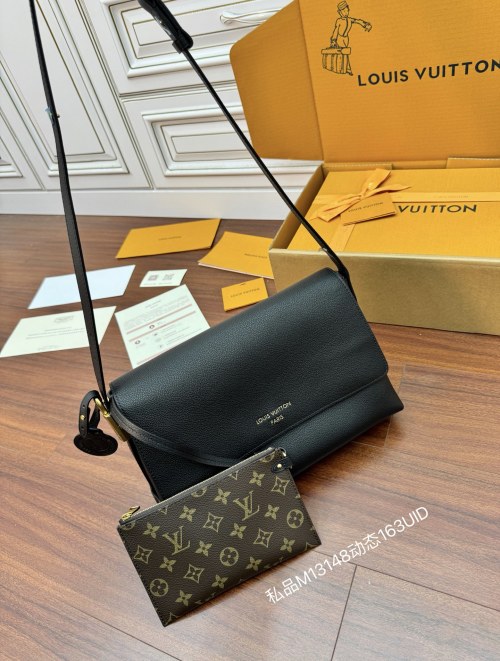 Louis Vuitton Black Leather Crossbody Bag with Monogrammed Coin Pouch 1 Louis Vuitton Black Leather Crossbody Bag with Monogrammed Coin Pouch