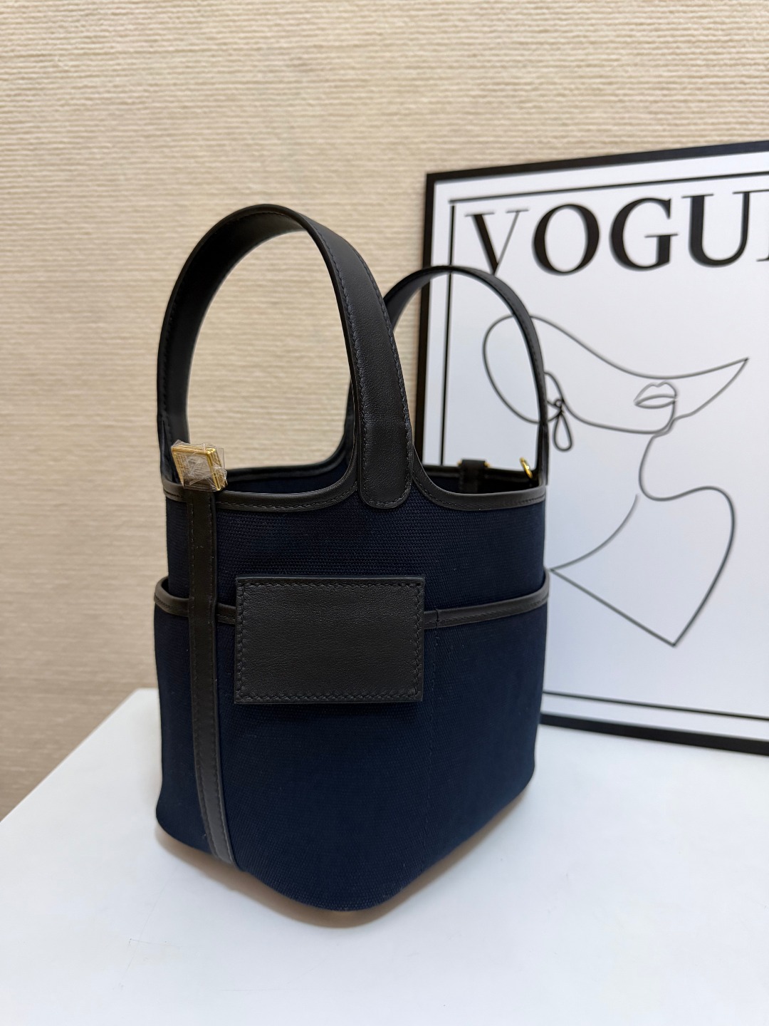 Hermes Cargo Picotin Navy canvas with black leather 18cm everyday