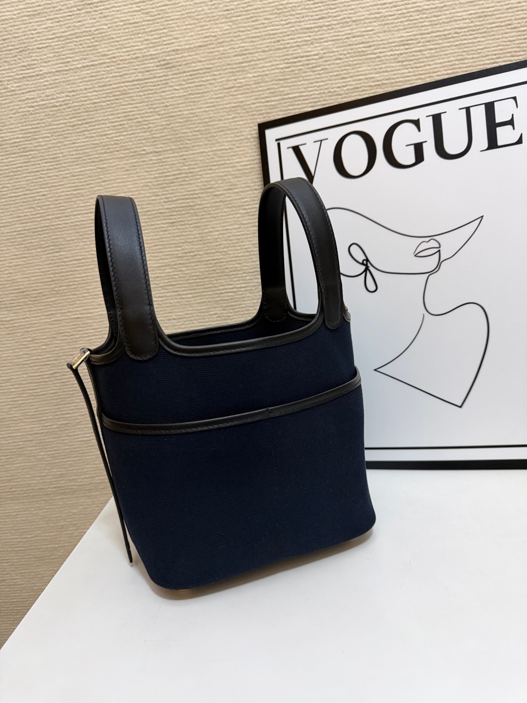 Hermes Cargo Picotin Navy canvas with black leather 18cm everyday