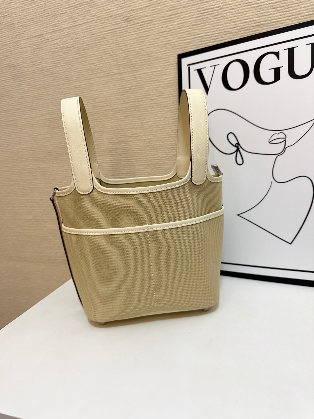Hermes Cargo Picotin Beige Cream canvas with cream leather trim 18cm everyday