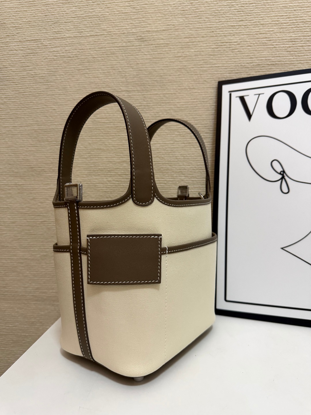 Hermes Cargo Picotin Cream canvas with taupe leather 18cm everyday