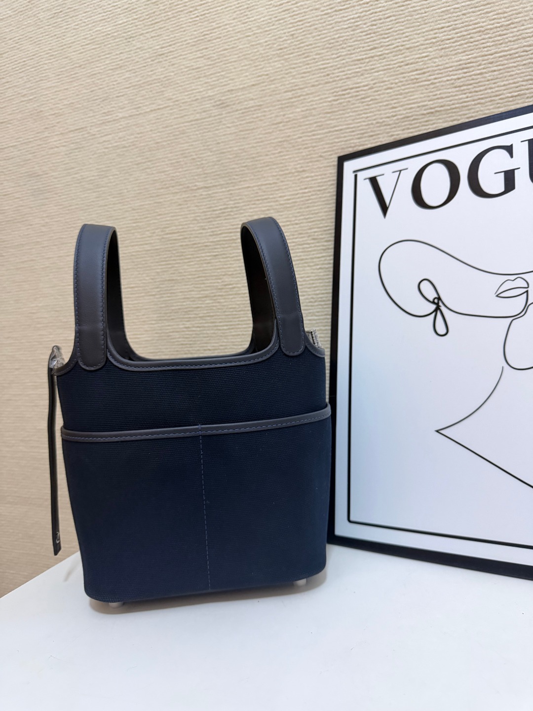 Hermes Cargo Picotin Navy canvas with gray leather 18cm everyday
