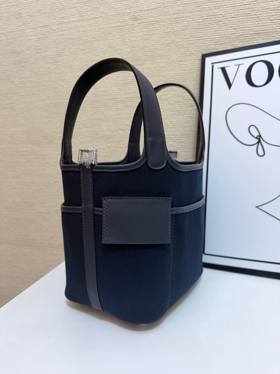 Hermes Cargo Picotin Navy canvas with gray leather 18cm everyday