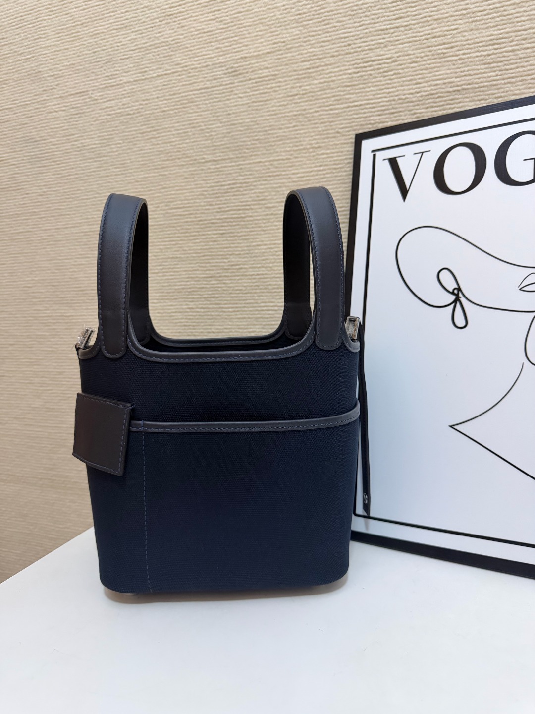 Hermes Cargo Picotin Navy canvas with gray leather 18cm everyday