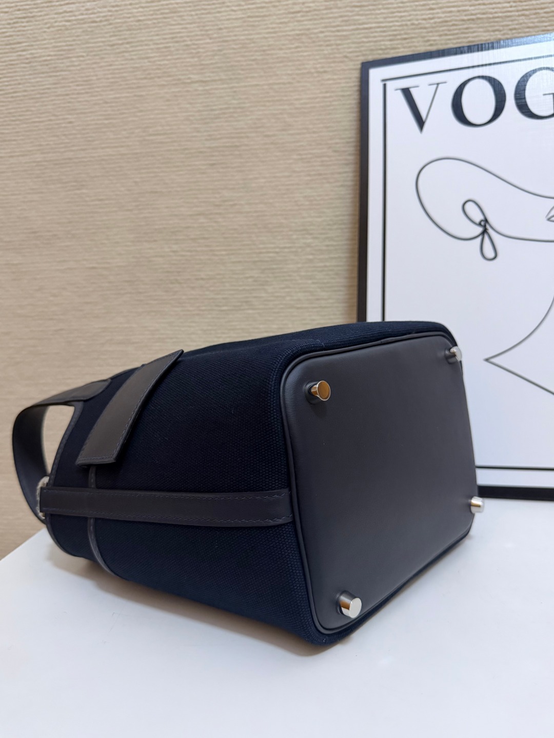 Hermes Cargo Picotin Navy canvas with gray leather 18cm everyday