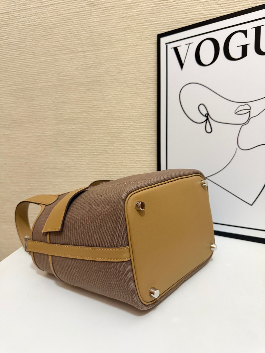 Hermes Cargo Picotin Taupe canvas with beige leather 18cm everyday