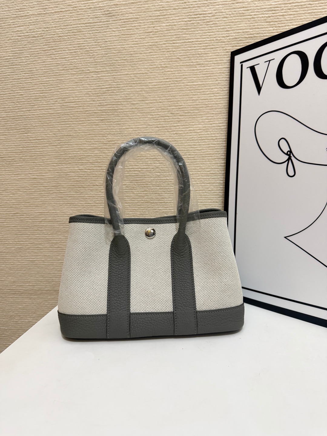 Hermes Garden Party Ecru canvas and gray leather 23cm tote everyday