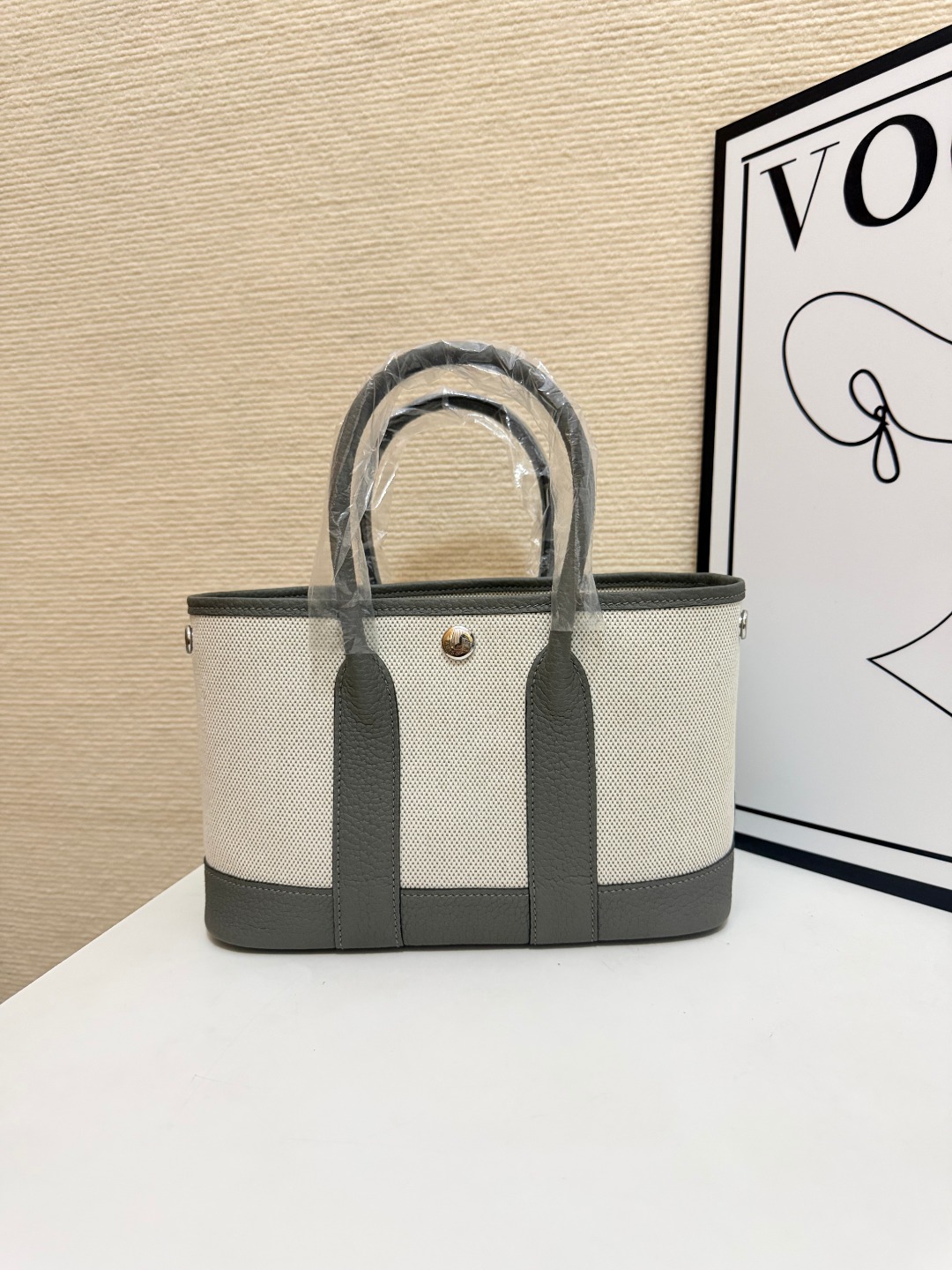 Hermes Garden Party Ecru canvas and gray leather 23cm tote everyday