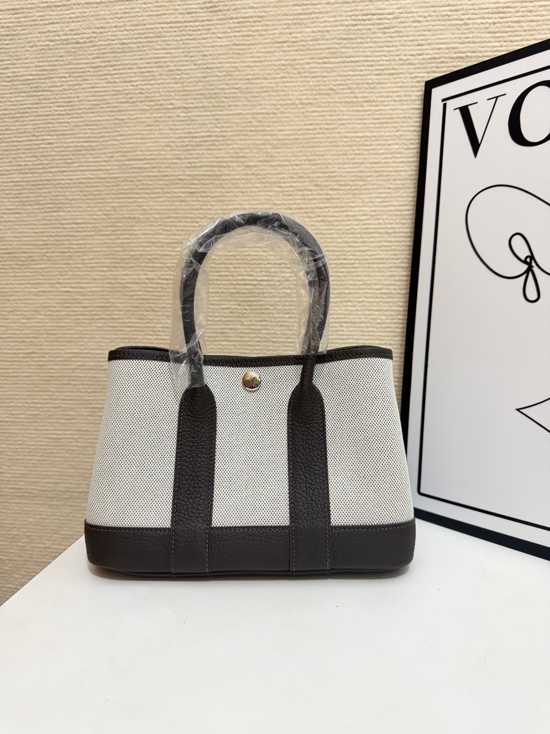 Hermes Garden Party Beige canvas and dark brown leather mini 23cm tote everyday