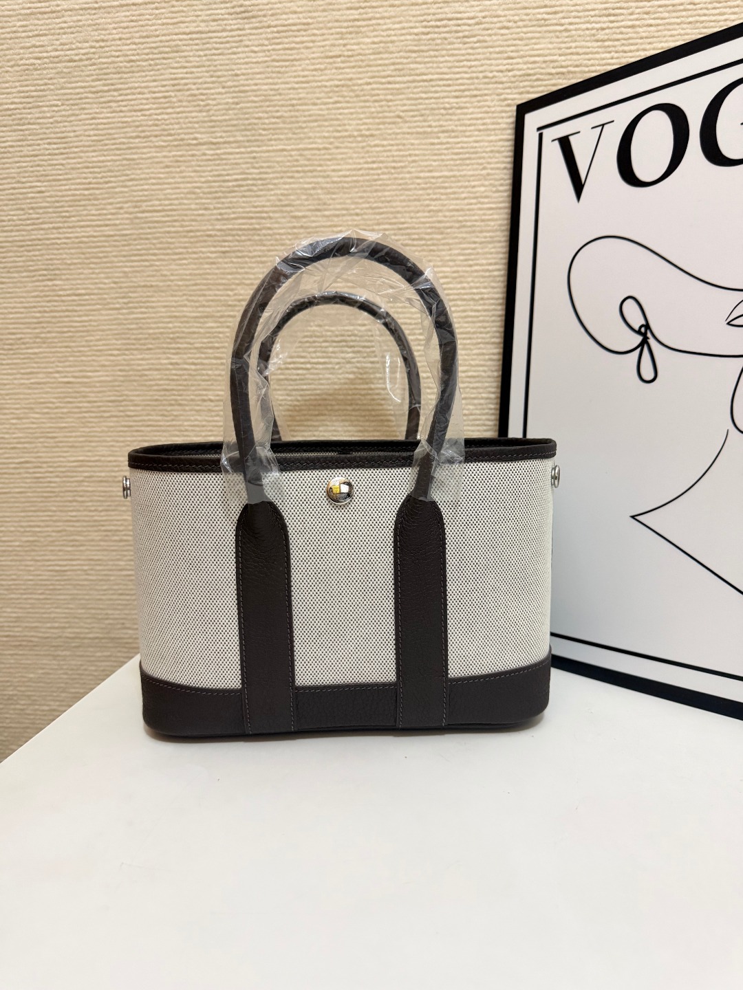 Hermes Garden Party Beige canvas and dark brown leather mini 23cm tote everyday