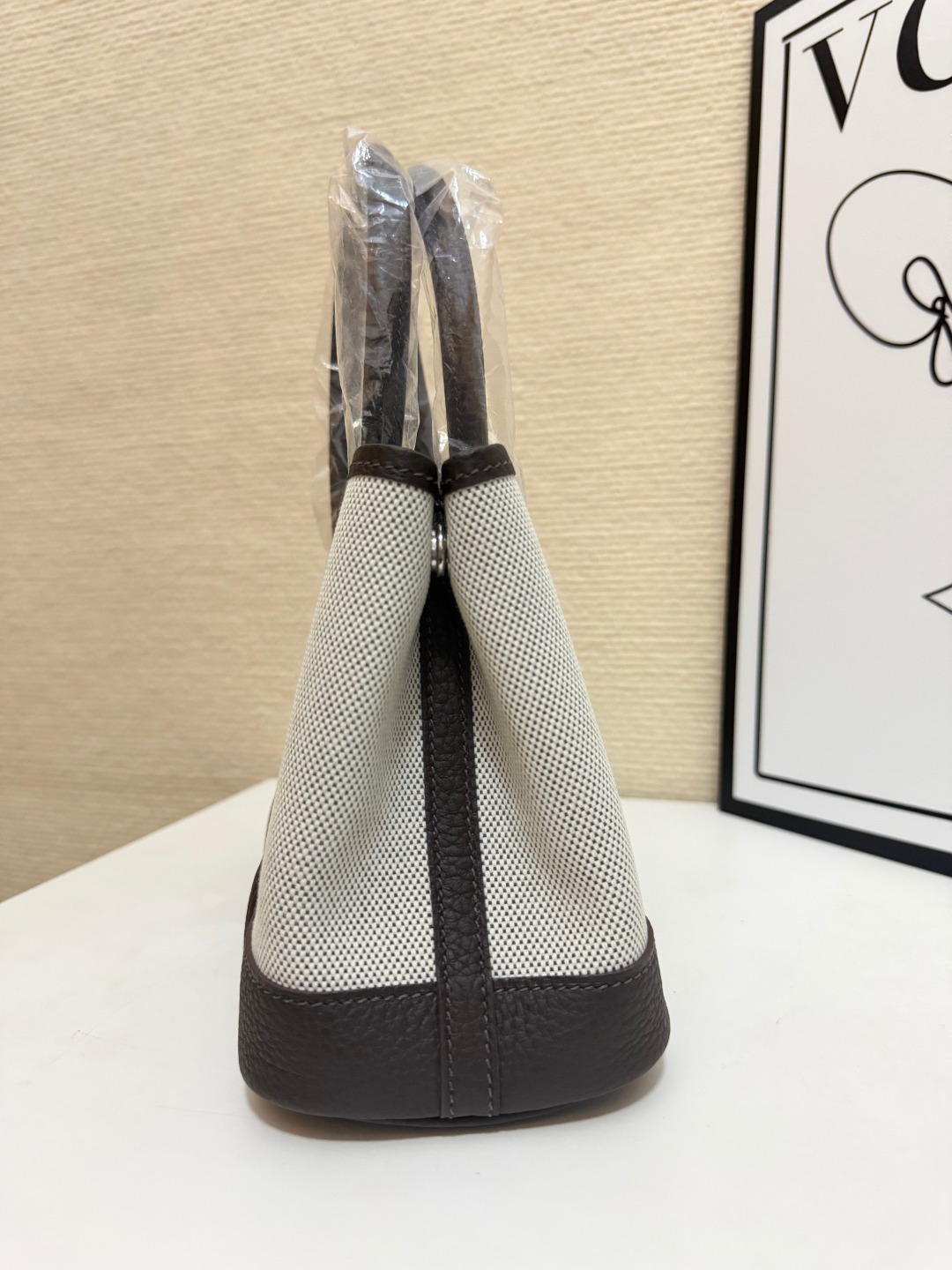Hermes Garden Party Beige canvas and dark brown leather mini 23cm tote everyday