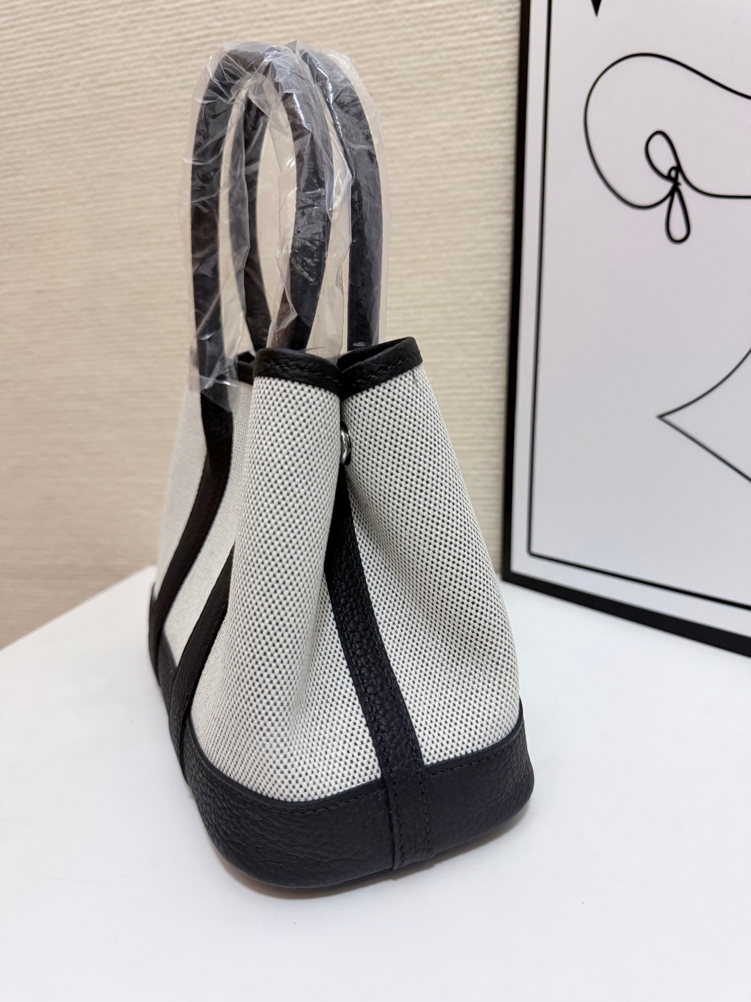 Hermes Garden Party Beige canvas and black leather 23cm tote everyday