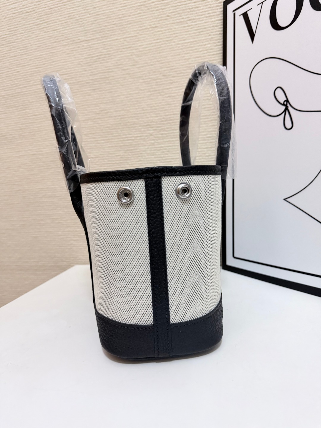 Hermes Garden Party Beige canvas and black leather 23cm tote everyday