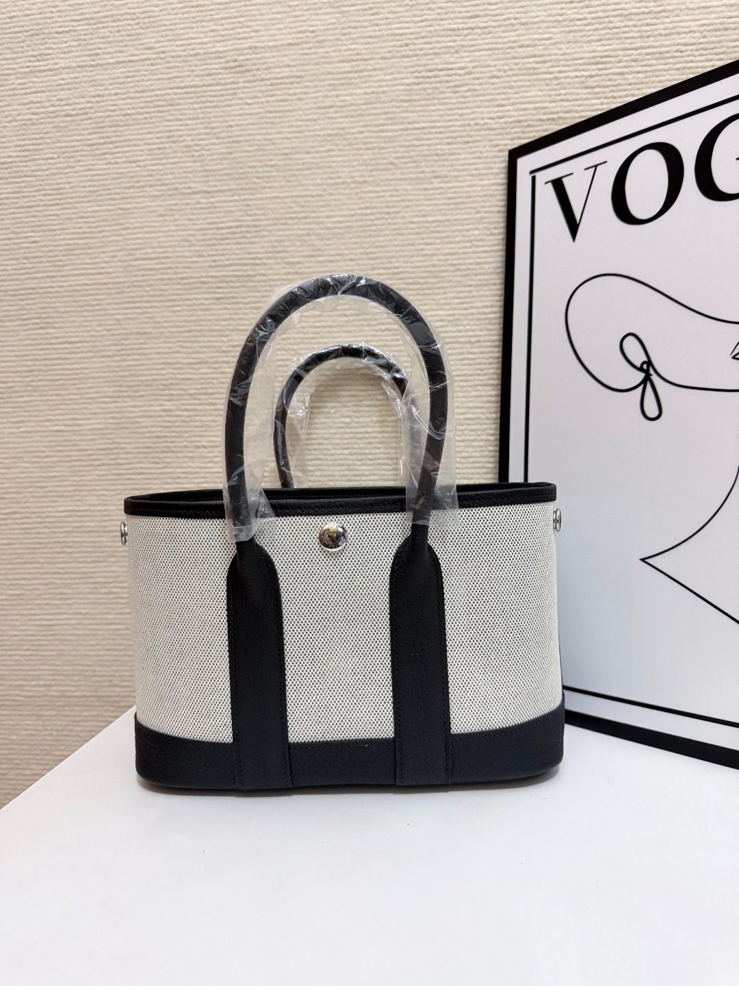 Hermes Garden Party Beige canvas and black leather 23cm tote everyday