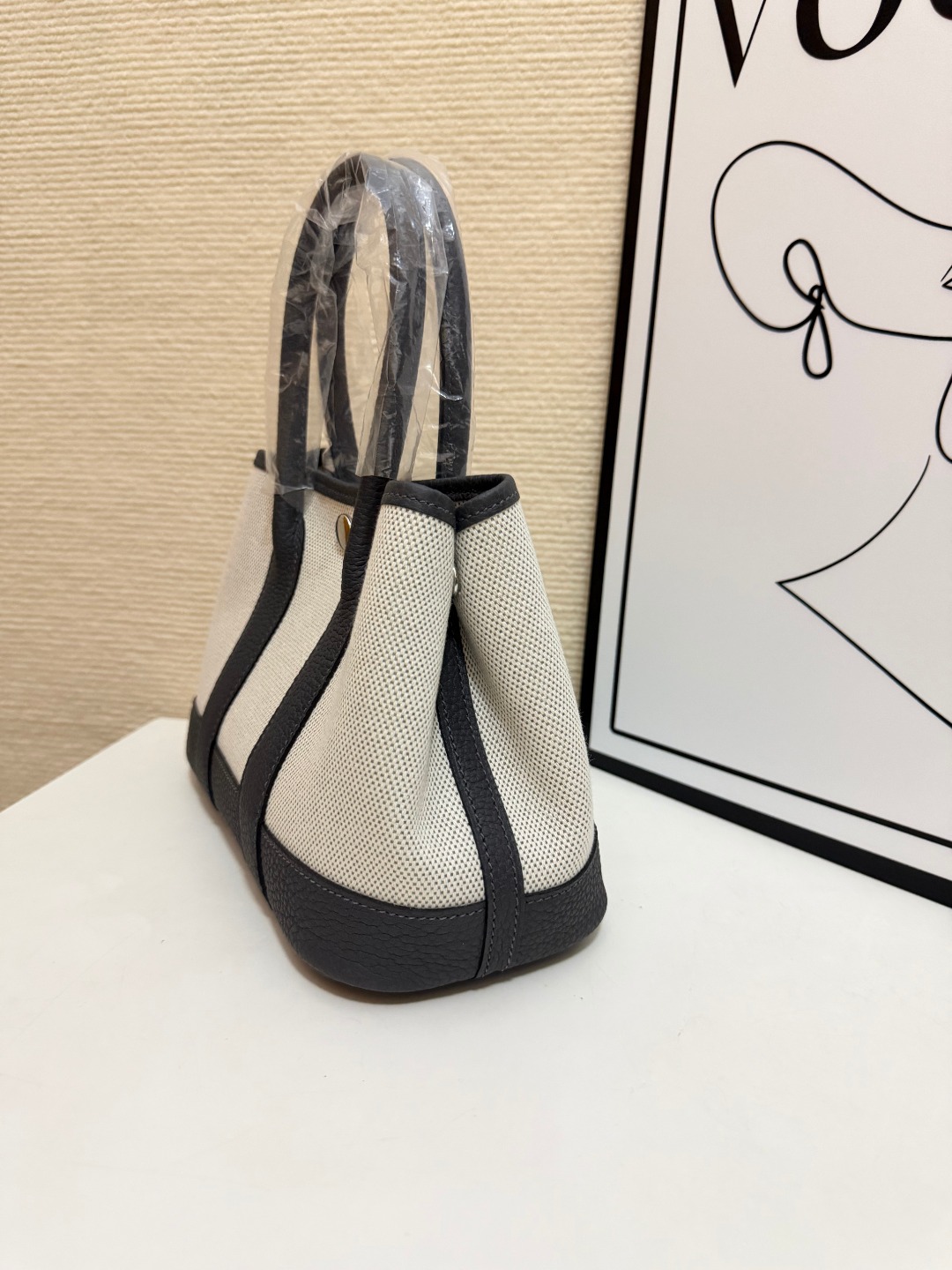 Hermes Garden Party Beige canvas and dark gray leather 23cm tote everyday
