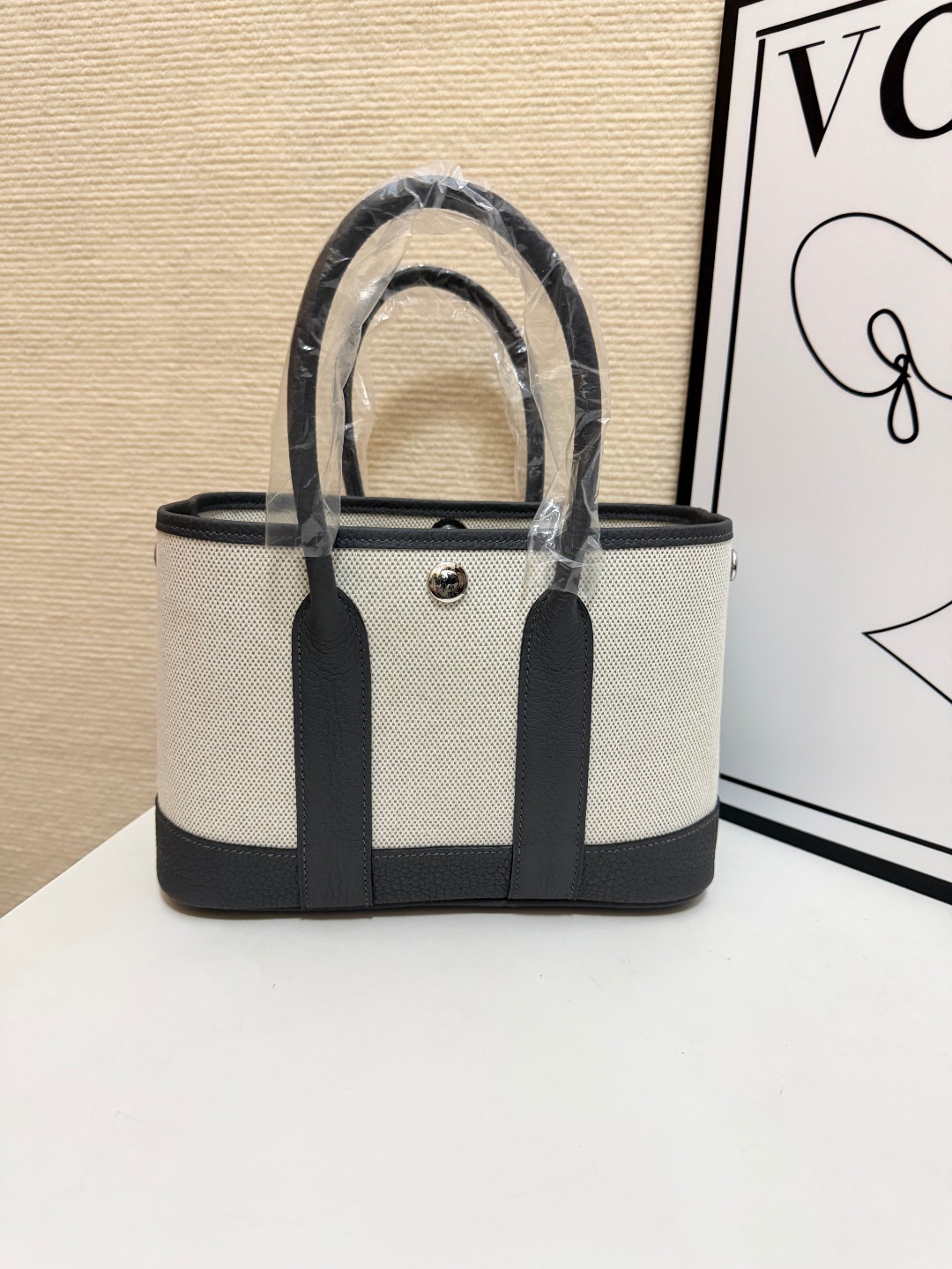 Hermes Garden Party Beige canvas and dark gray leather 23cm tote everyday