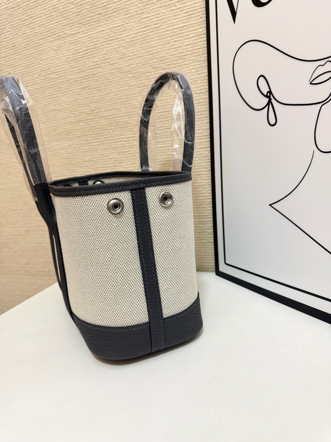 Hermes Garden Party Beige canvas and dark gray leather 23cm tote everyday