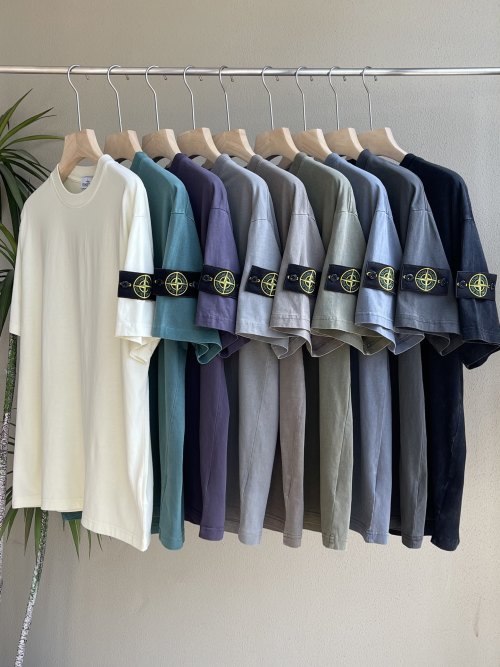 Stone Island Men's Garment-Dyed Cotton Short Sleeve T-Shirt with Sleeve Logo Patch 1 Stone Island Men's Garment-Dyed Cotton Short Sleeve T-Shirt with Sleeve Logo Patch