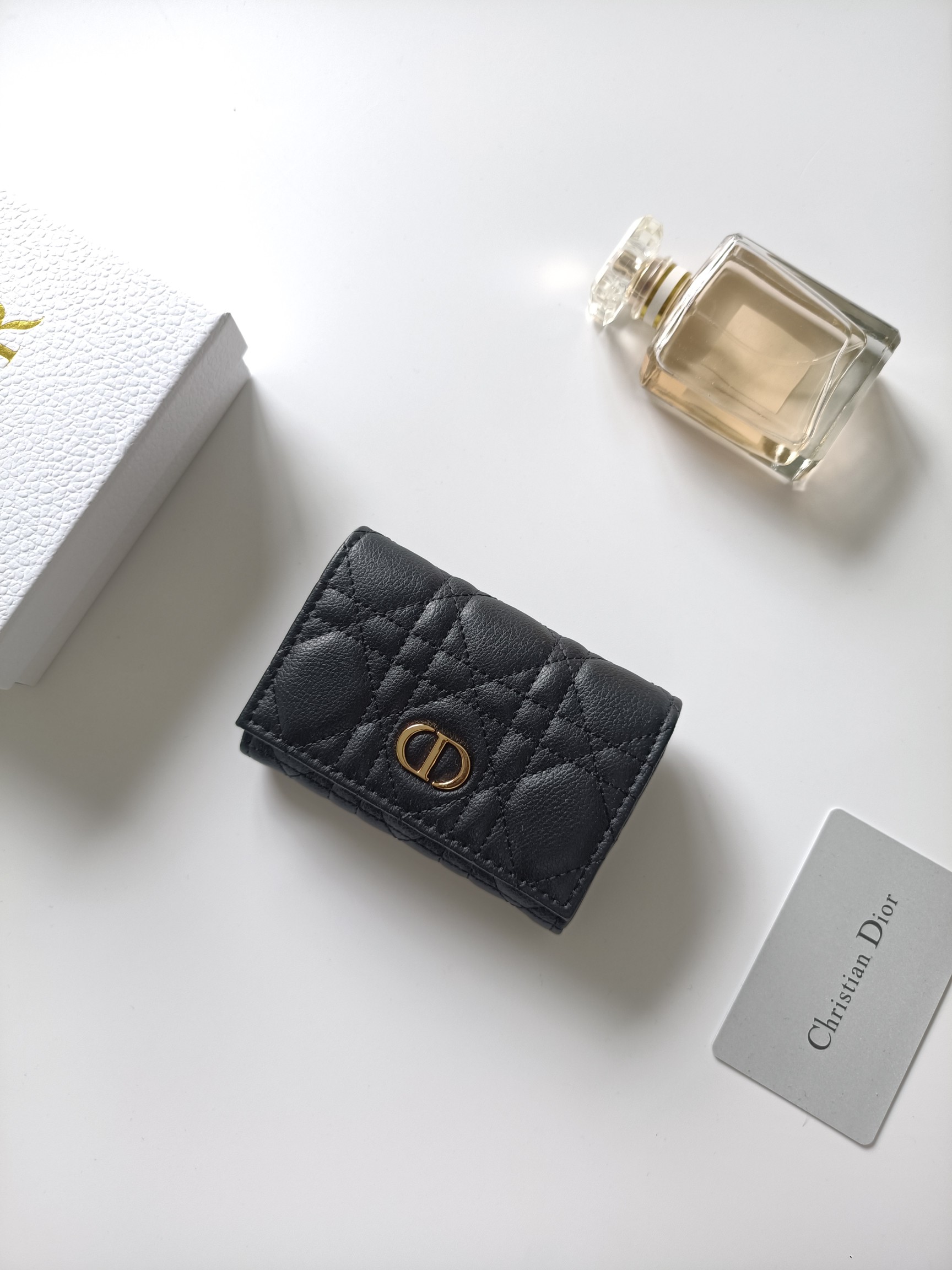 Dior Caro card holder black grained calfskin with gold-tone metal hardware 11x7 5x2 5cm