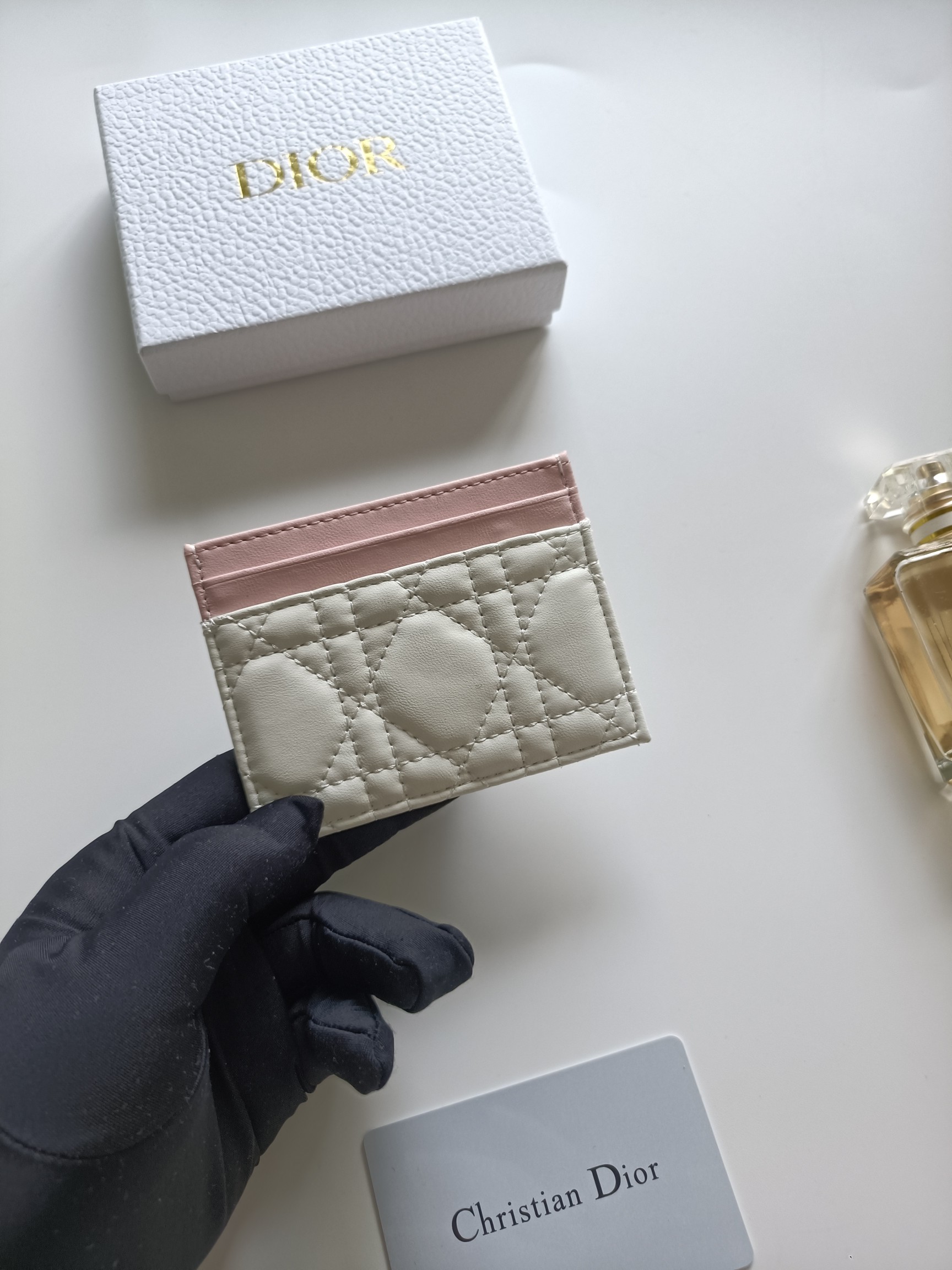 Christian Dior Lady Dior card holder Ivory and blush pink lambskin with gold-tone metal hardware 10 5 8 0 5cm