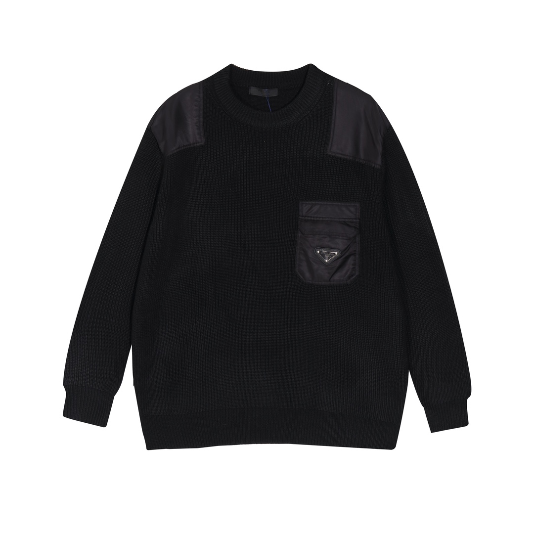 🔝PRADA PRD 23FW Suéter con cuello redondo de patchwork resistente con letras con logo triangular, hecho de cachemira 5…