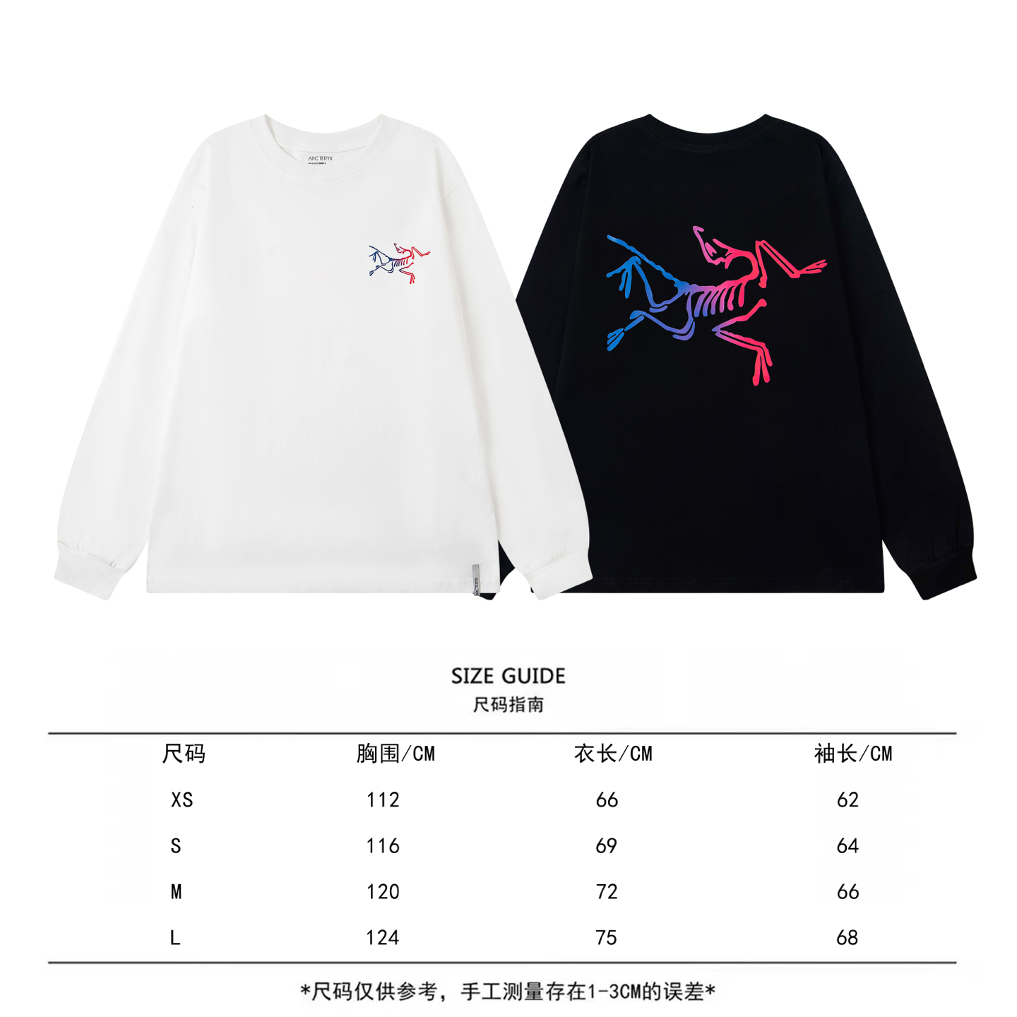 P95 ARC'TERYX 始祖鸟 25款高版本长袖 面料采用300克高密度纯棉 不变形 不缩水 三标齐全 男女同款
工艺：数码印花
颜色：白色 黑色
SIZE：XS-L