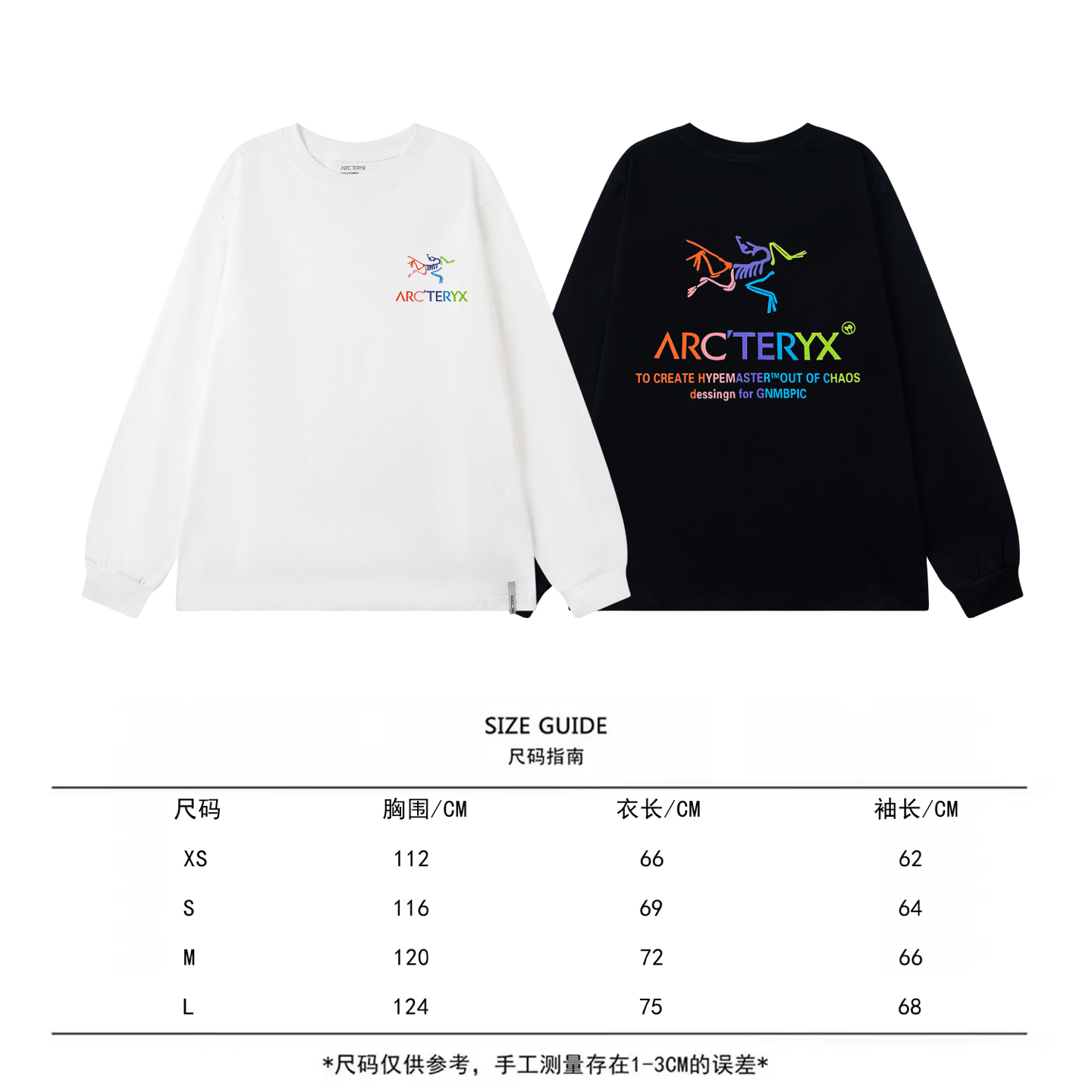 P95 ARC'TERYX 始祖鸟 25款高版本长袖 面料采用300克高密度纯棉 不变形 不缩水 三标齐全 男女同款
工艺：数码印花
颜色：白色 黑色
SIZE：XS-L