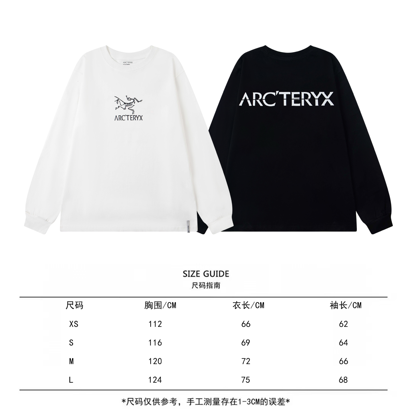 P95 ARC'TERYX 始祖鸟 25款高版本长袖 面料采用300克高密度纯棉 不变形 不缩水 三标齐全 男女同款
工艺：数码印花
颜色：白色 黑色
SIZE：XS-L