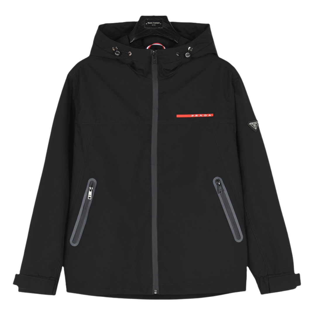 Prada/普拉达 25ss 压胶金属三角拉链连帽夹克外套 黑色