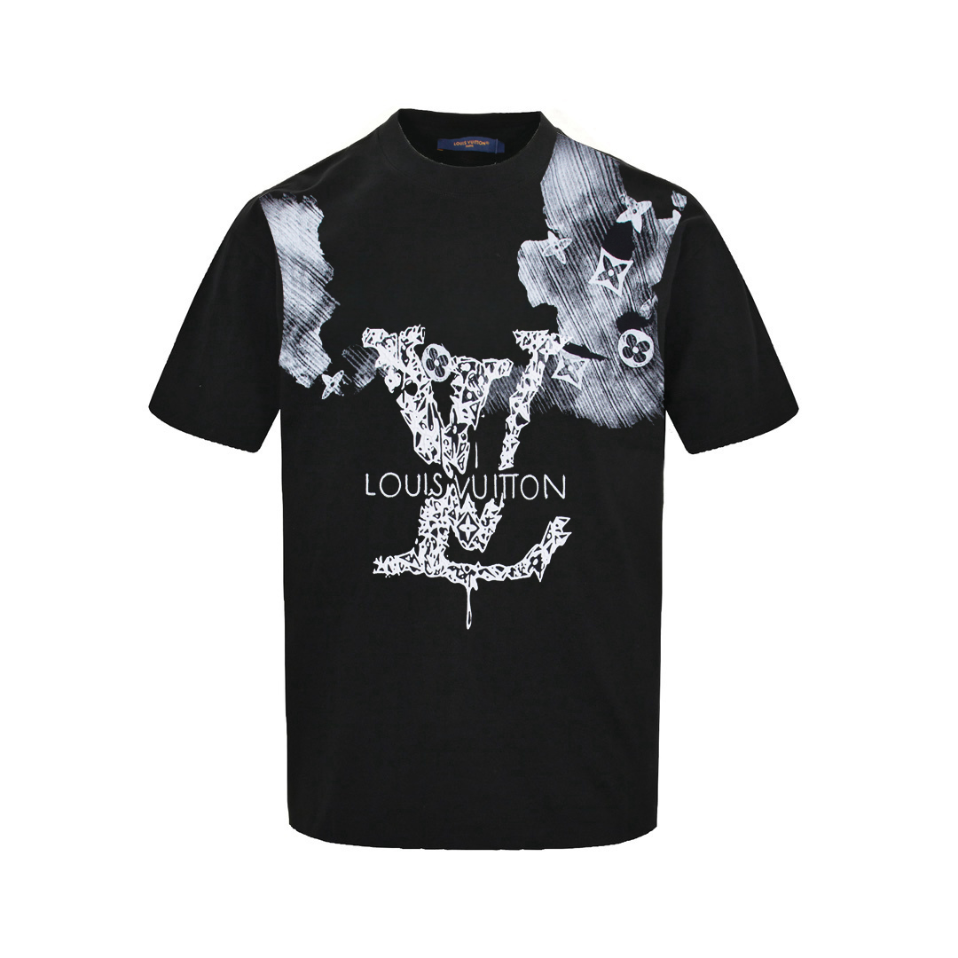 Louis Vuitton/路易威登 泼墨及刺绣字母短袖T恤 黑色 白色