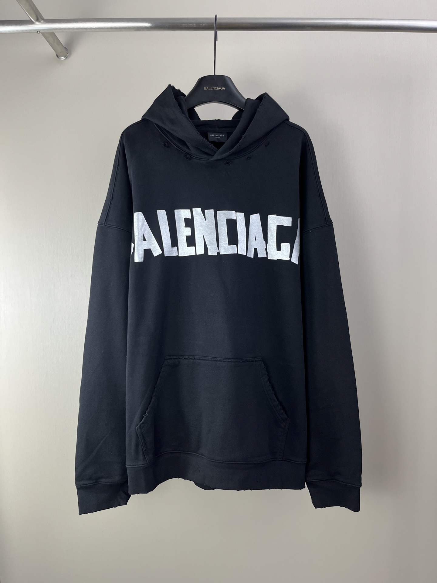 Balenciaga Black Cotton Distressed Logo Hoodie, Comfortable and Stylish