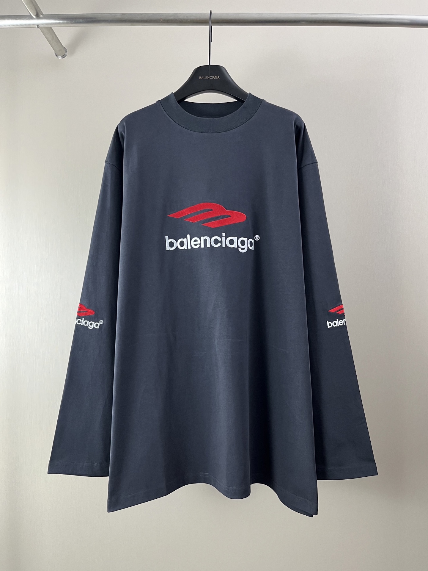 Balenciaga Men's Embroidered Long Sleeve T-Shirt, Dark Gray-Blue Cotton