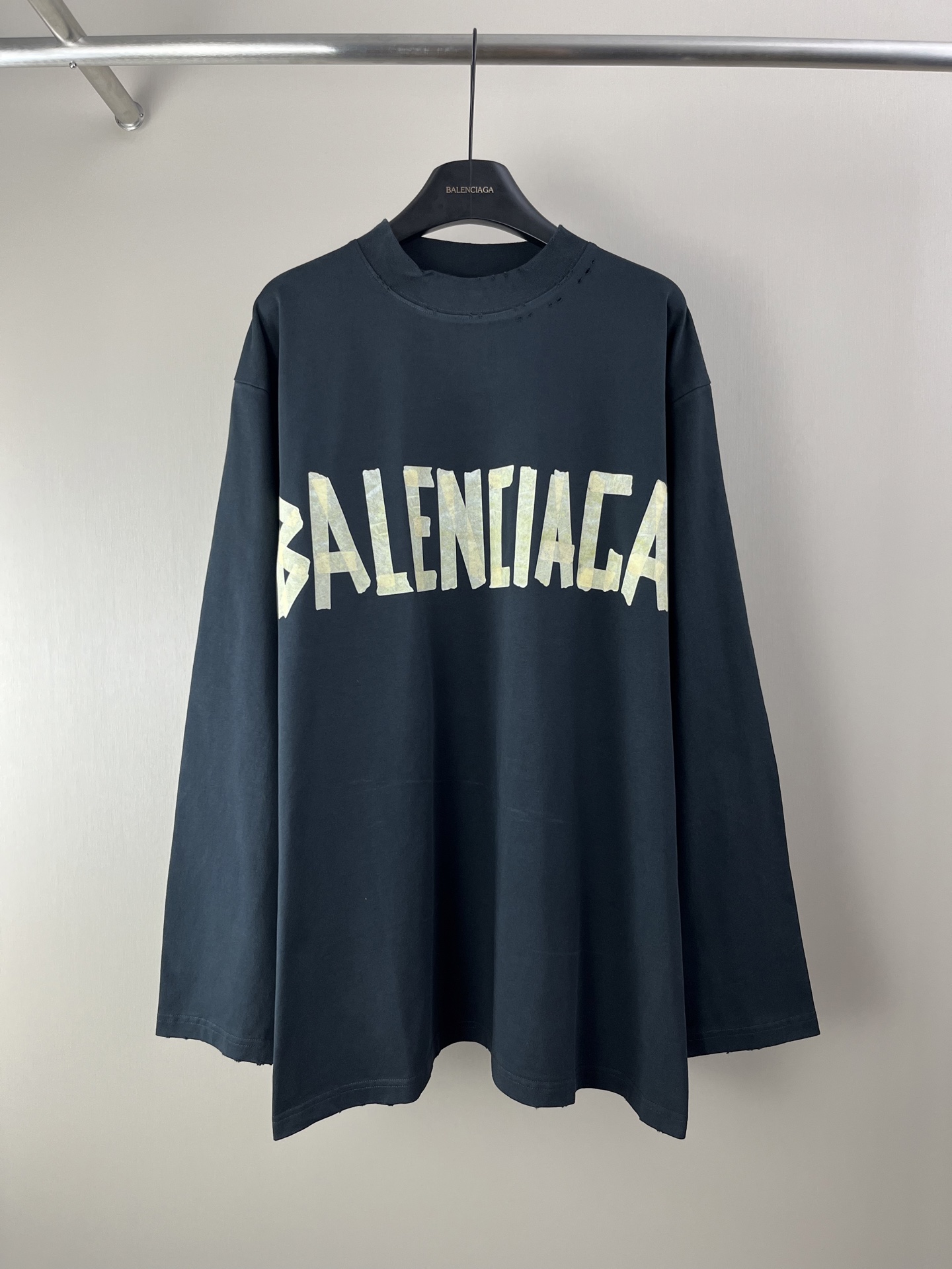 Balenciaga Distressed Logo Long Sleeve T-Shirt | Dark Blue, XS-L