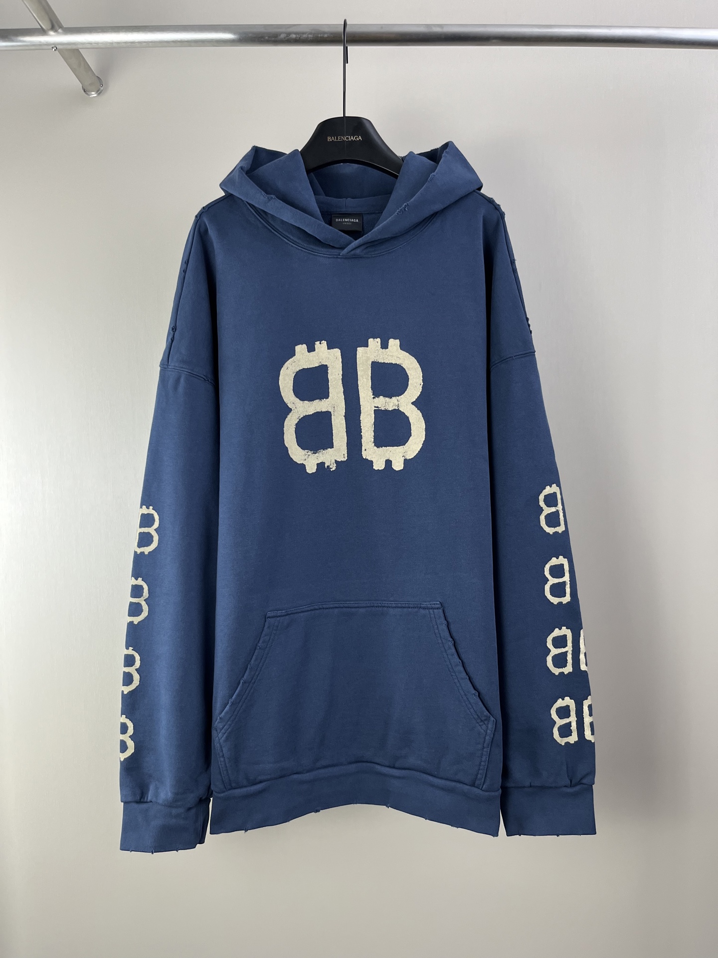 Balenciaga Blue Cotton Hoodie with Double B Logo - Distressed Detailing