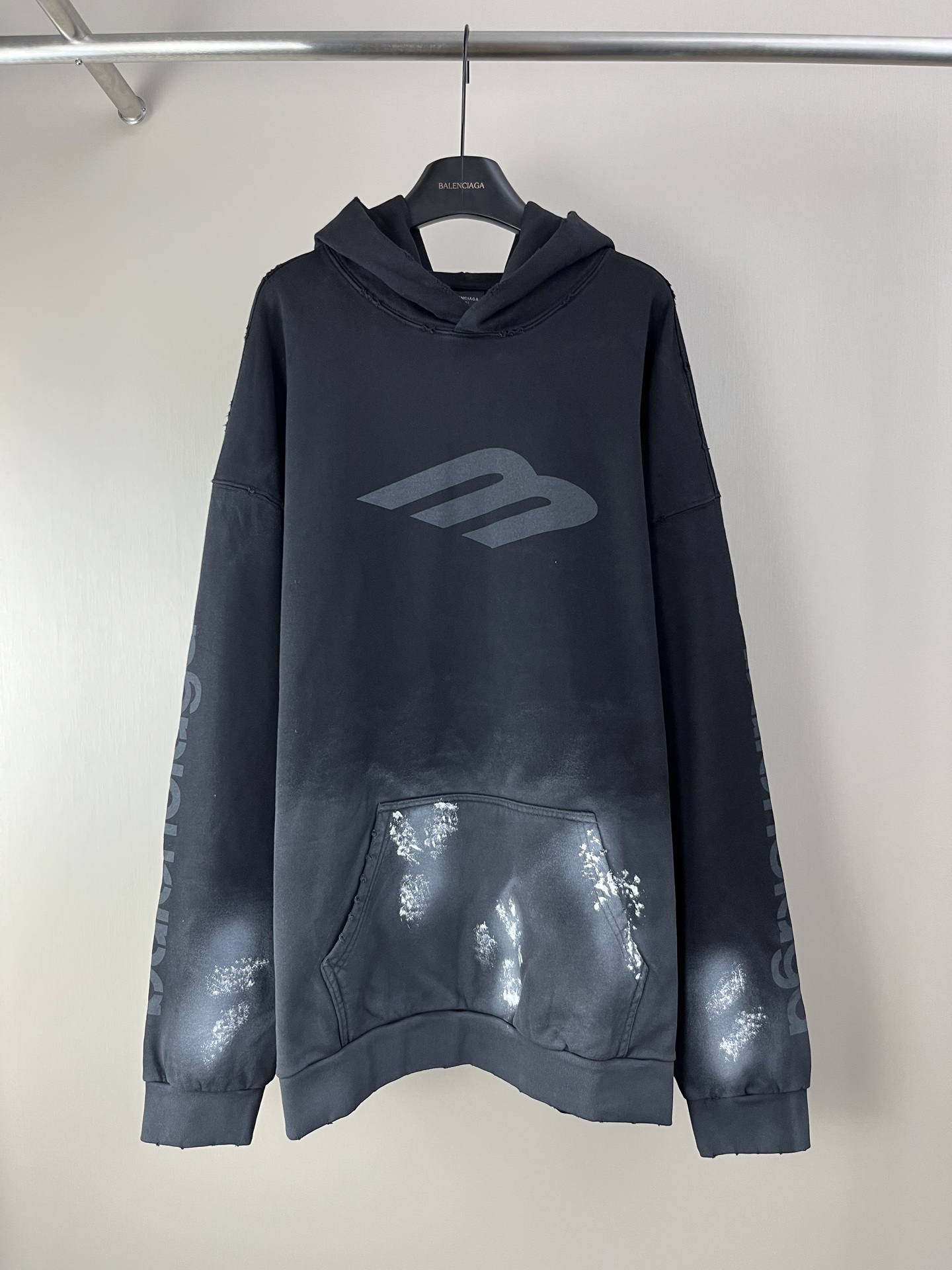 Balenciaga Distressed-Effect Logo Print Hoodie Heavyweight Cotton Black