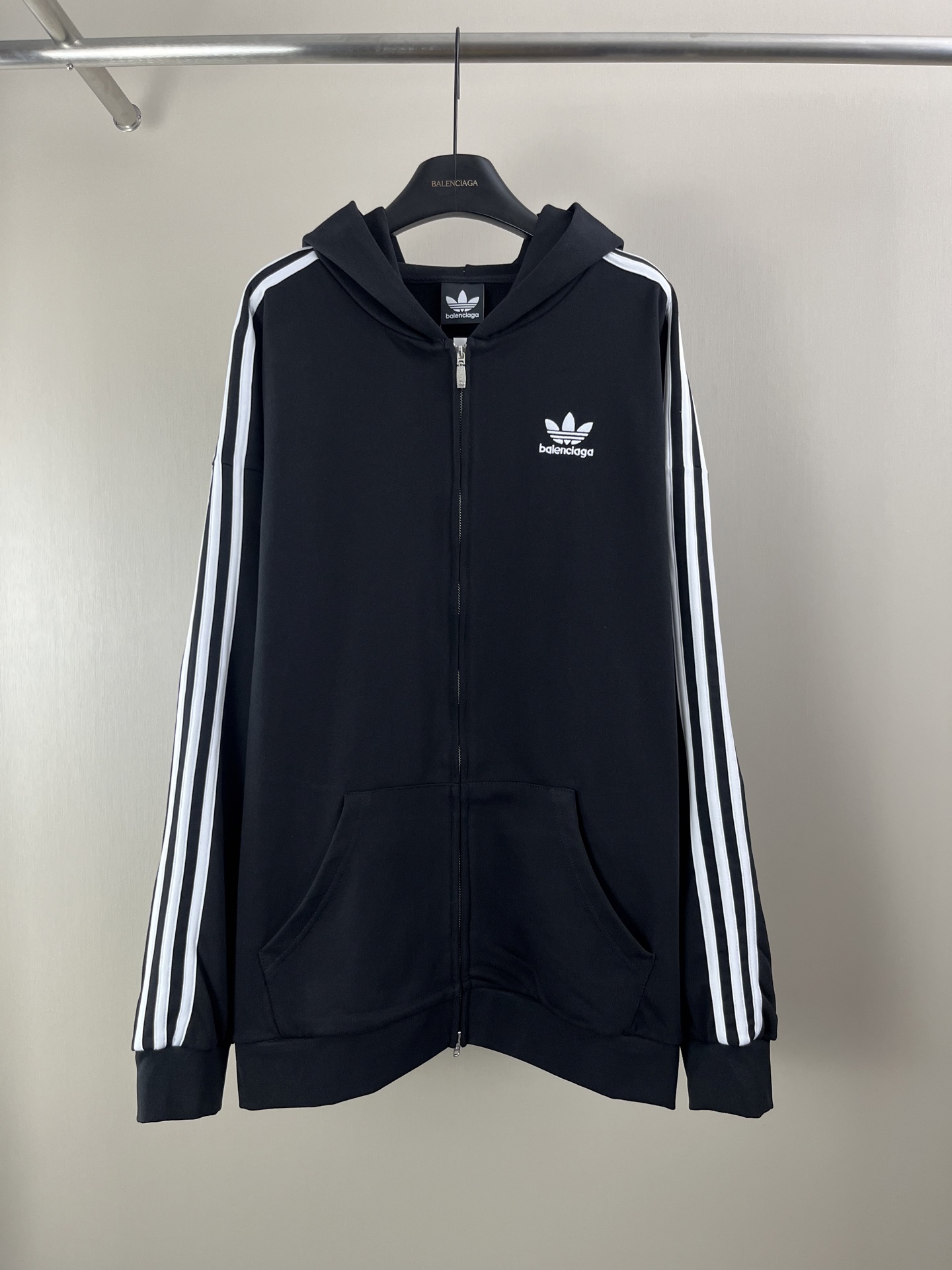 Balenciaga x Adidas Black Logo Embroidered Full Zip Hoodie
